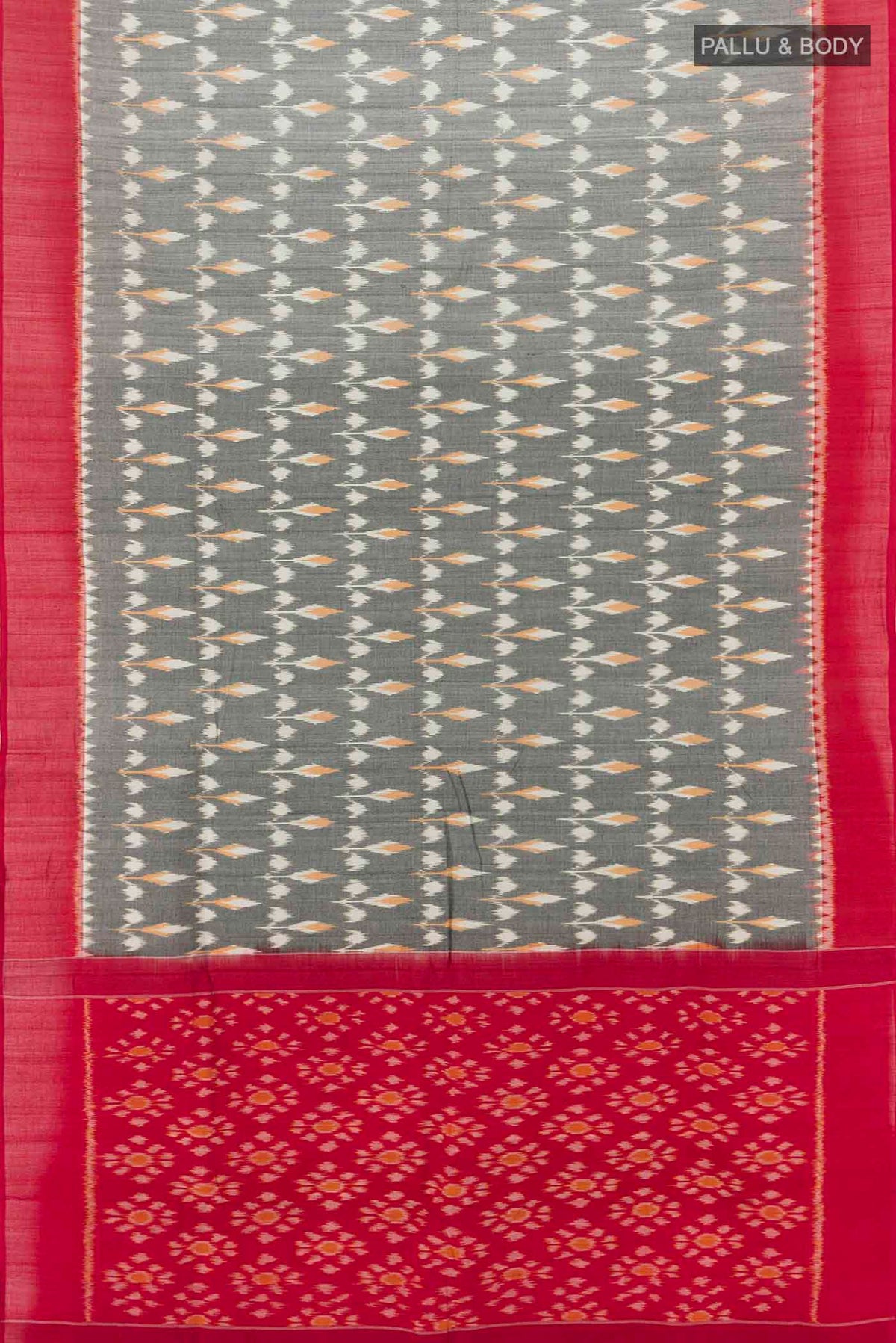 Flat view of Multi Color Pochampally Cotton Saree with Checked design on the body and Checks Border. 