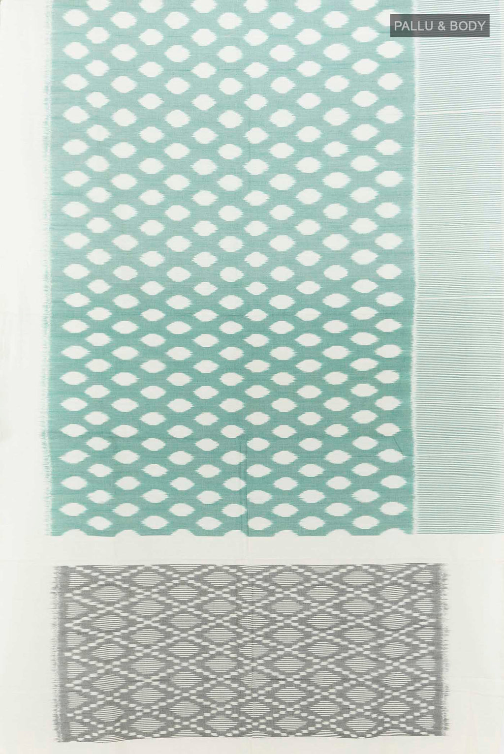 Flat view of Cream Pochampally Cotton Saree with Ikat Print on the body and Ikat Border. 