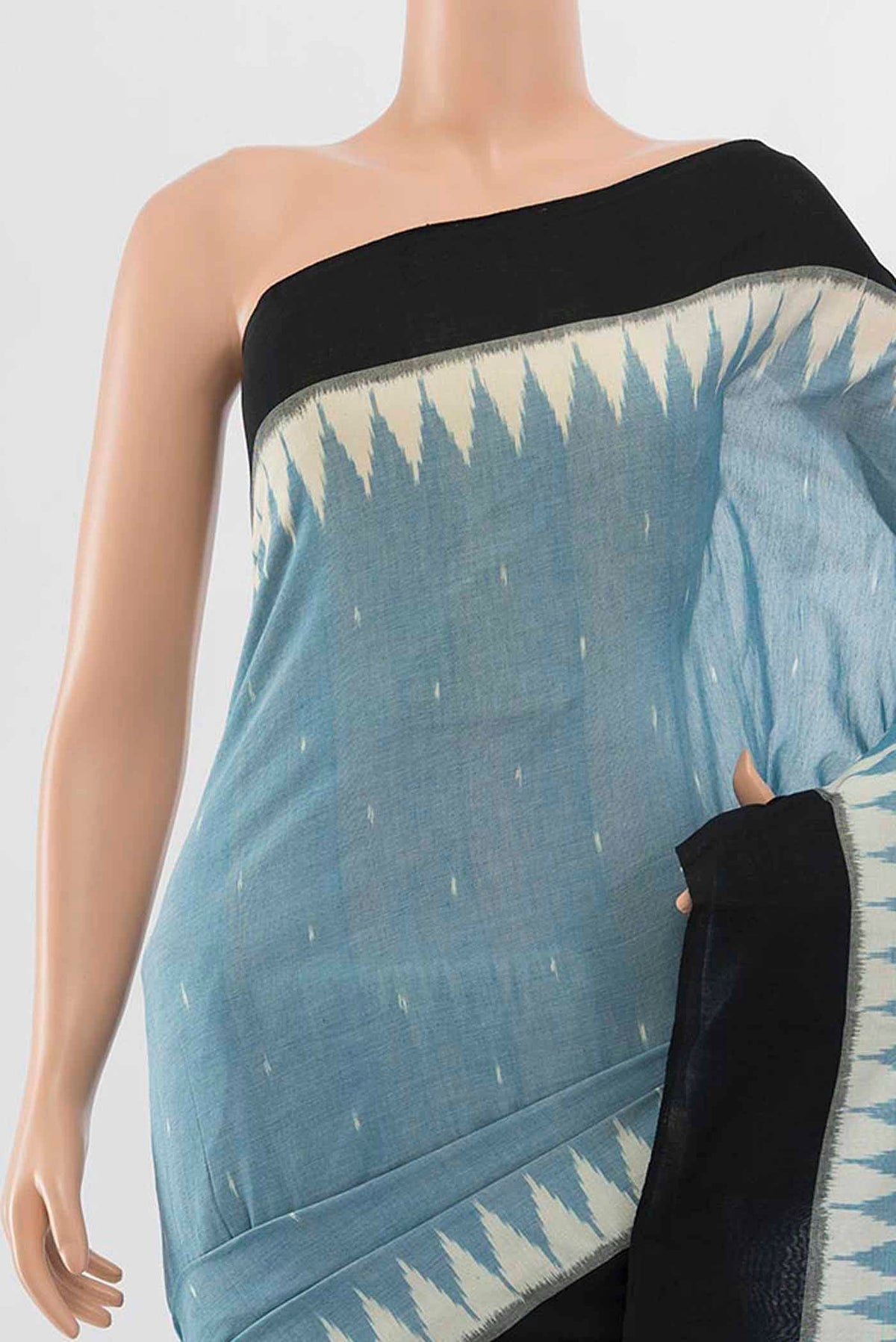 Border image of Light Blue Pochampally Cotton Saree with Ikat Print on the body and Ikat Border