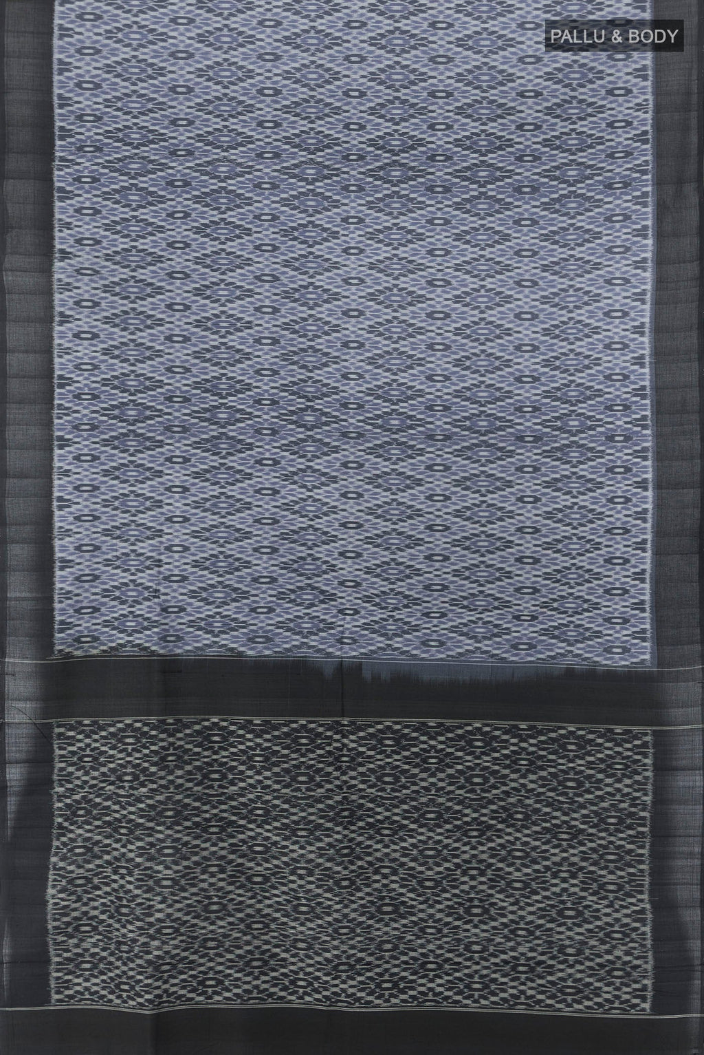 Flat view of Multi Color Pochampally Cotton Saree with Ikat Print on the body and Silk Border. 