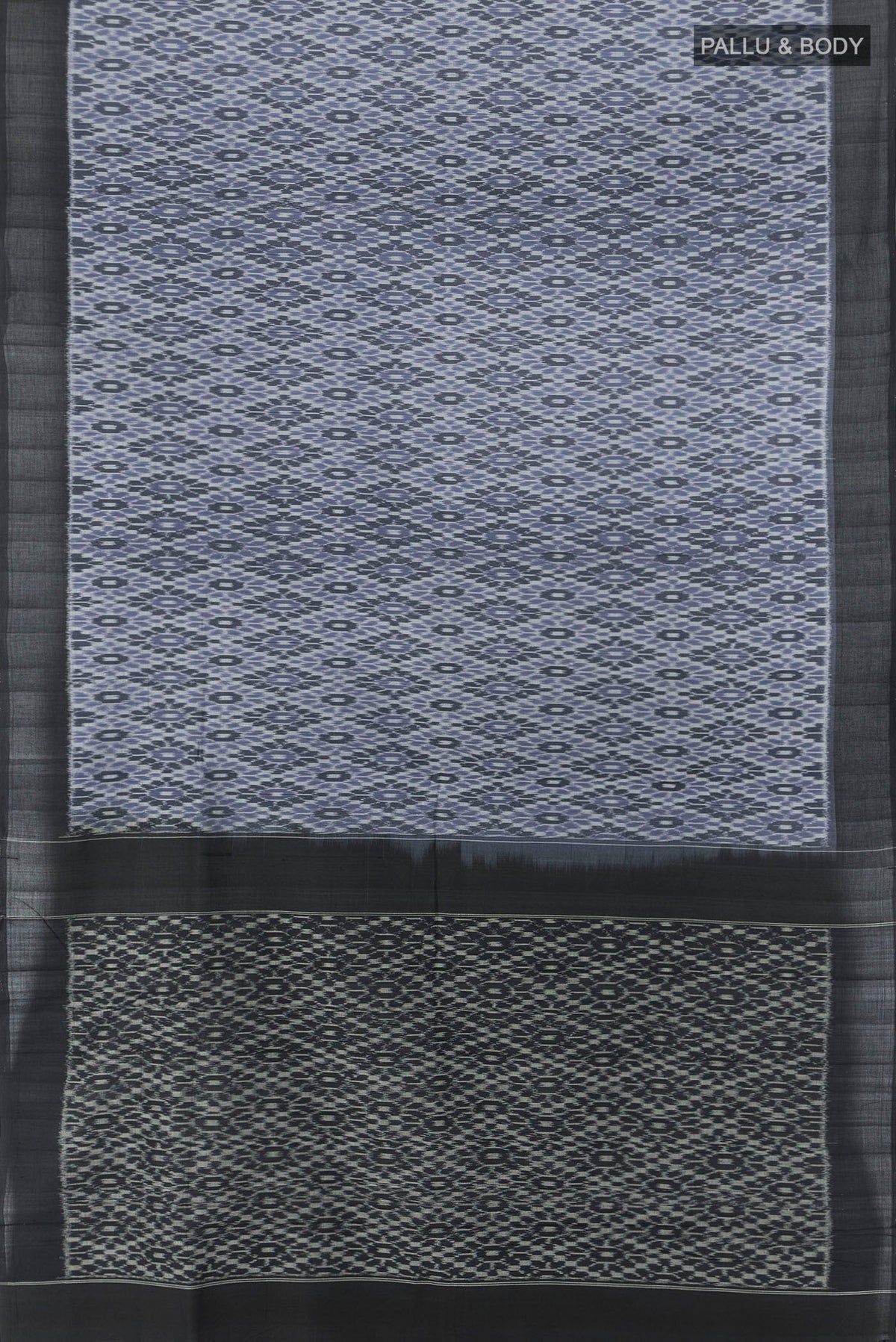 Flat view of Multi Color Pochampally Cotton Saree with Ikat Print on the body and Silk Border. 