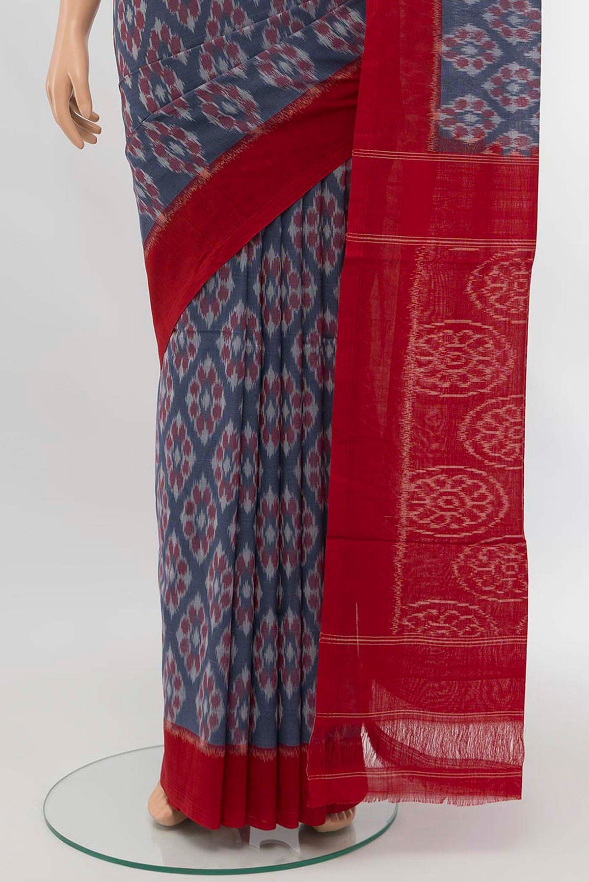 Pleats and pallu of Blue Cotton Saree with Pure Ikat on the body and Plain Border