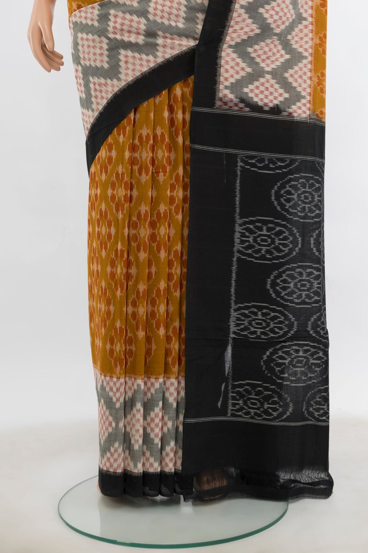 Pleats and pallu of Multi Color Pochampally Cotton Saree with Ikat Print on the body and Silk Border. 