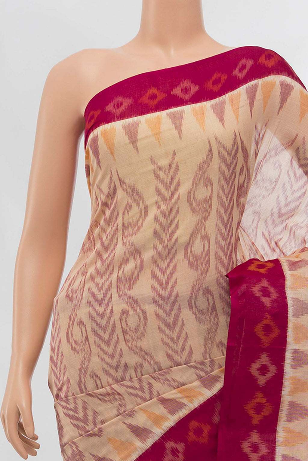 Border image of Beige Pochampally Cotton Saree with Floral Print on the body and Ikat Border