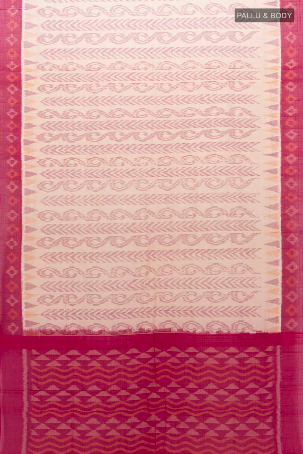 Flat view of Beige Pochampally Cotton Saree with Floral Print on the body and Ikat Border