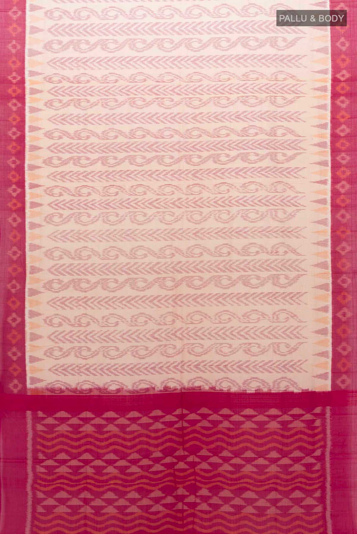 Flat view of Beige Pochampally Cotton Saree with Floral Print on the body and Ikat Border