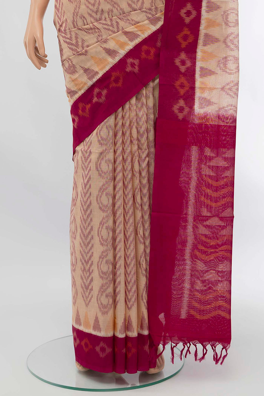 Pleats and pallu of Beige Pochampally Cotton Saree with Floral Print on the body and Ikat Border