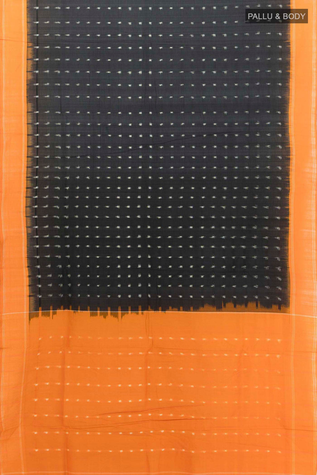 Flat view of Black Cotton Saree with Pure Ikat on the body and Plain Border