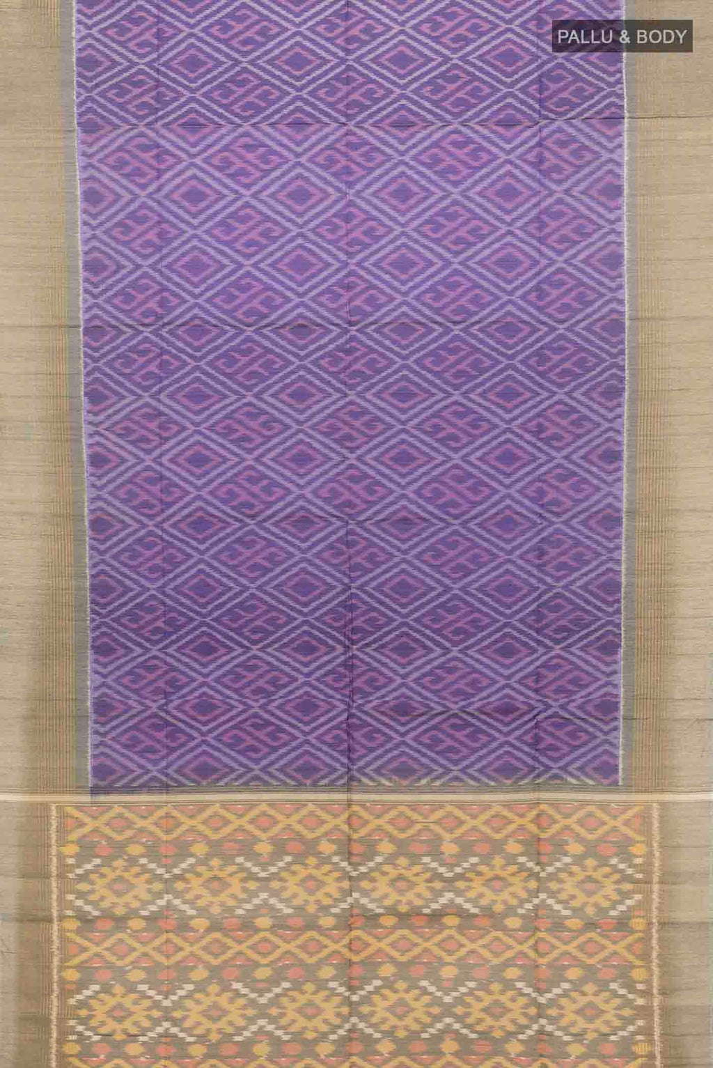 Flat view of Navy Blue Kora Cotton Saree with Ikat Print on the body and Fancy Border