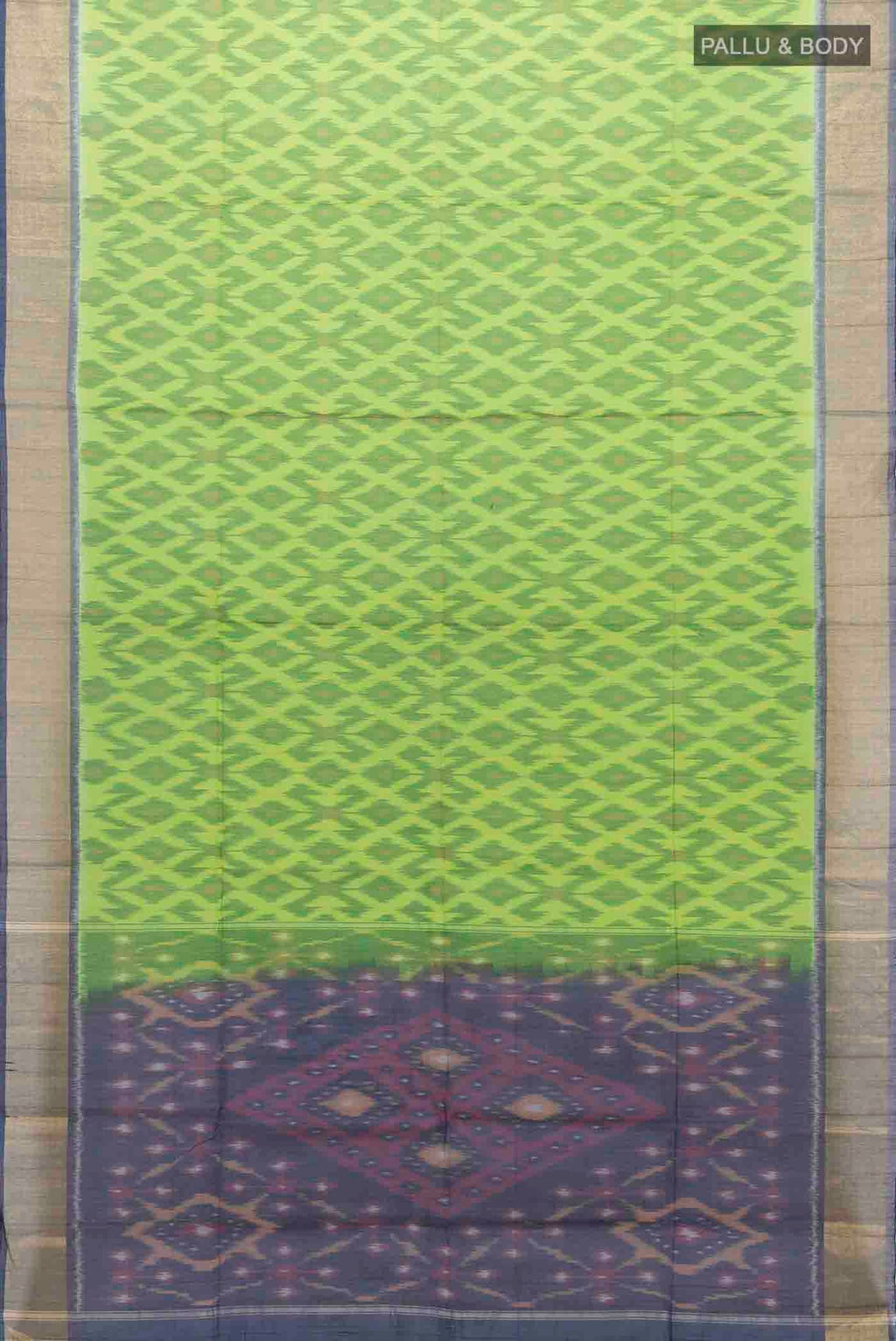 Flat view of Parrot Green Kora Cotton Saree with Ikat Print on the body and Ikat Border