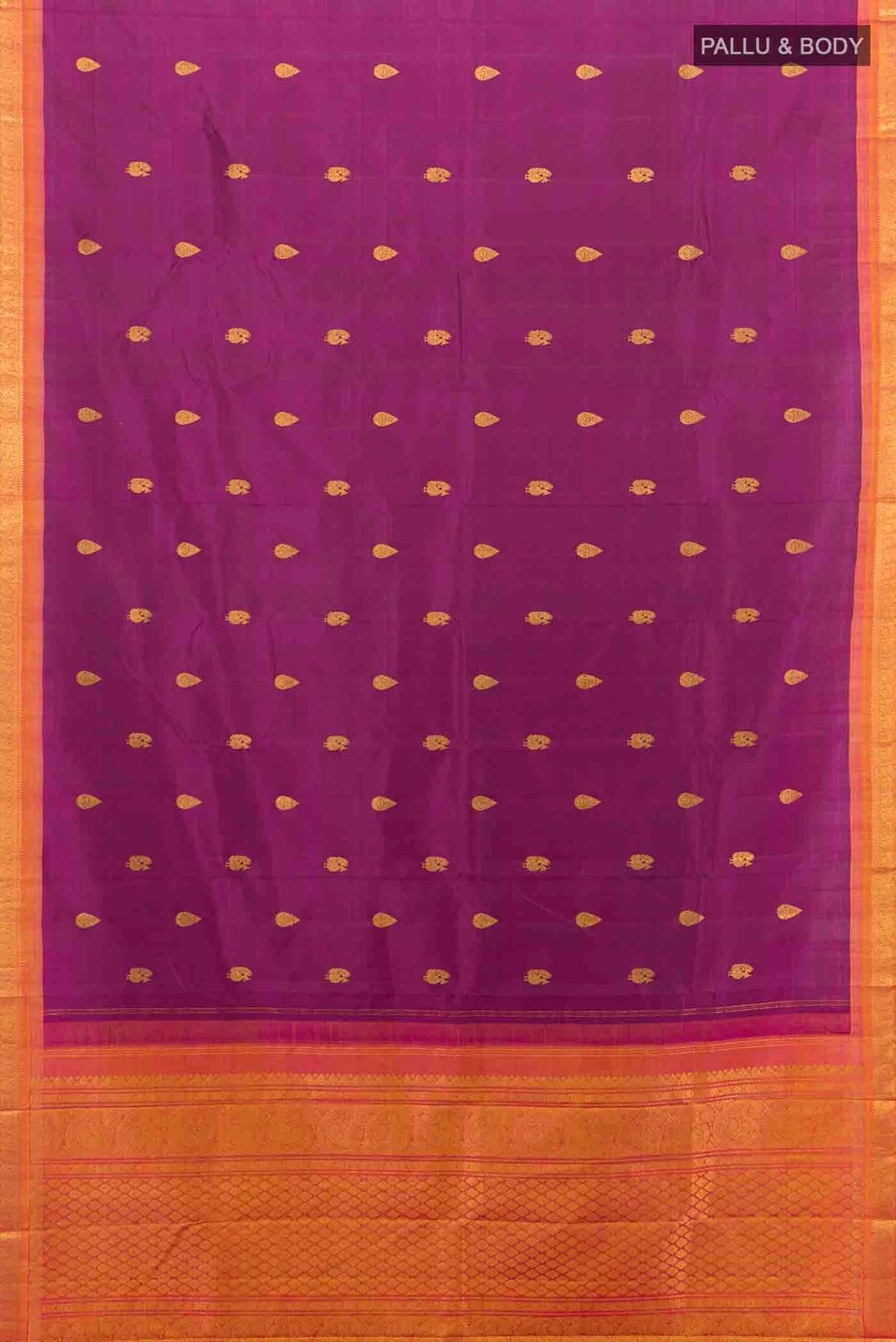 Flat view of Magenta Kanchipuram Silk Saree with Zari Butta on the body and Silk Border