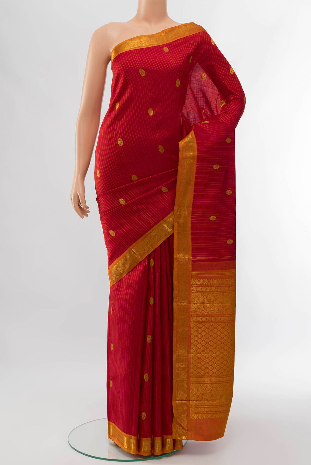 Red Kanchipuram Silk Saree with Zari Butta on the body and Silk Border displayed on a mannequin
