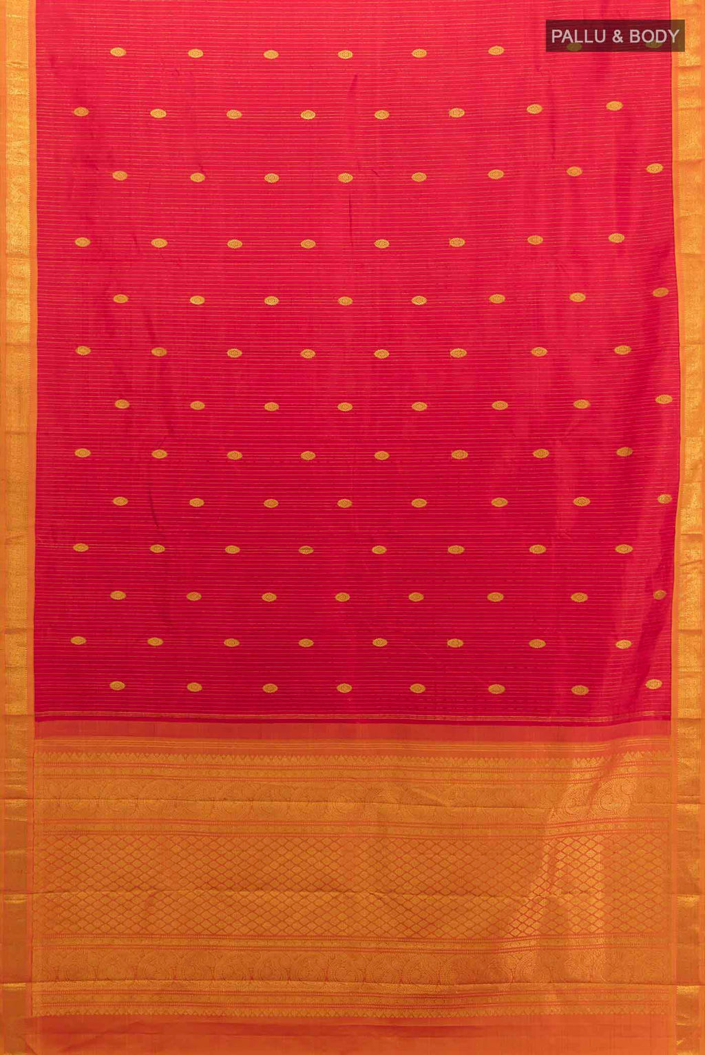 Flat view of Red Kanchipuram Silk Saree with Zari Butta on the body and Silk Border