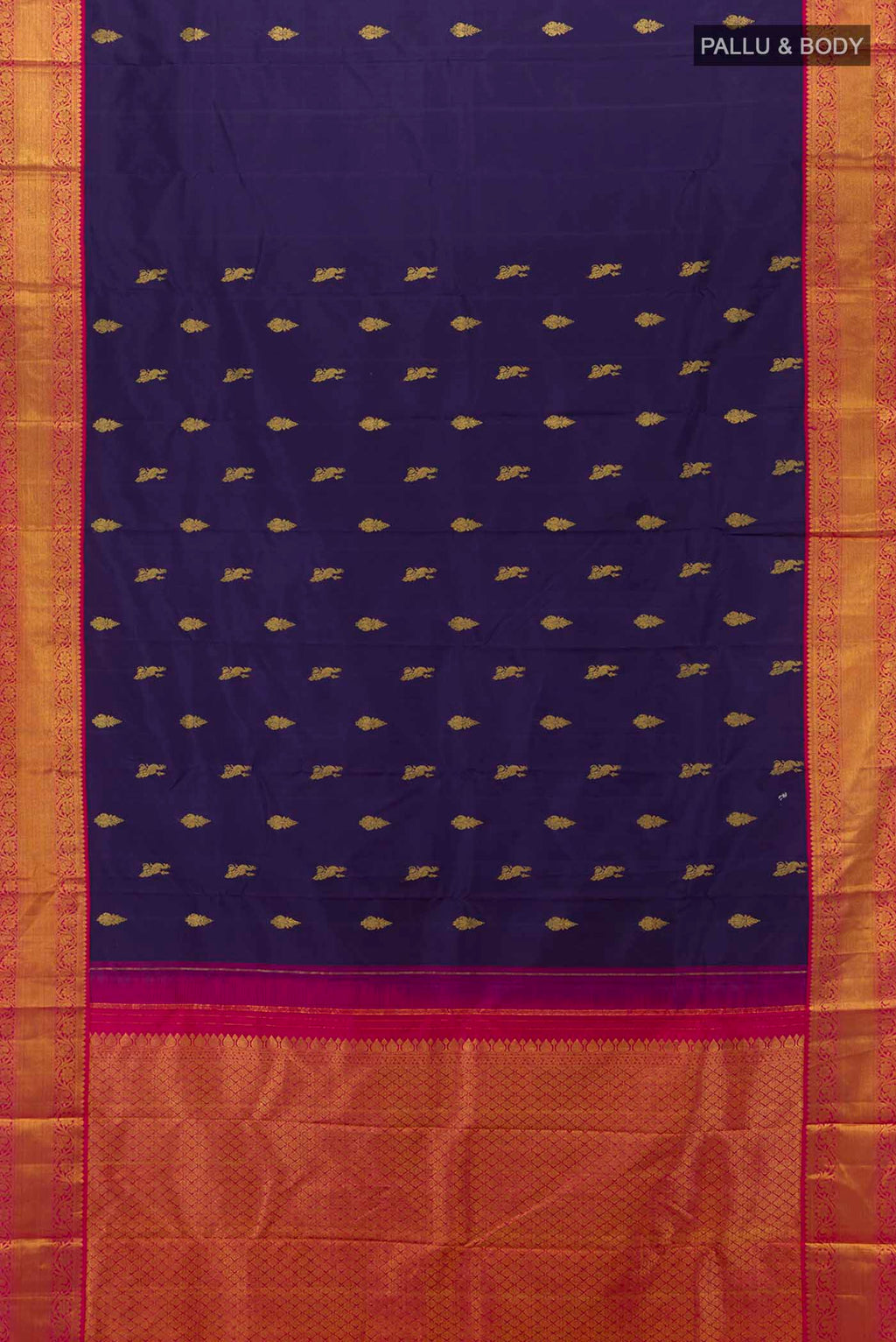 Flat view of Navy Blue Kanchipuram Silk Saree with Zari Butta on the body and Zari Border