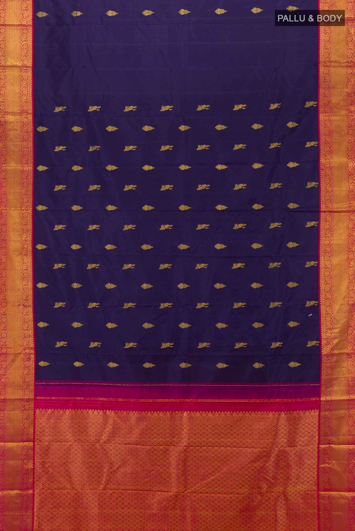 Flat view of Navy Blue Kanchipuram Silk Saree with Zari Butta on the body and Zari Border