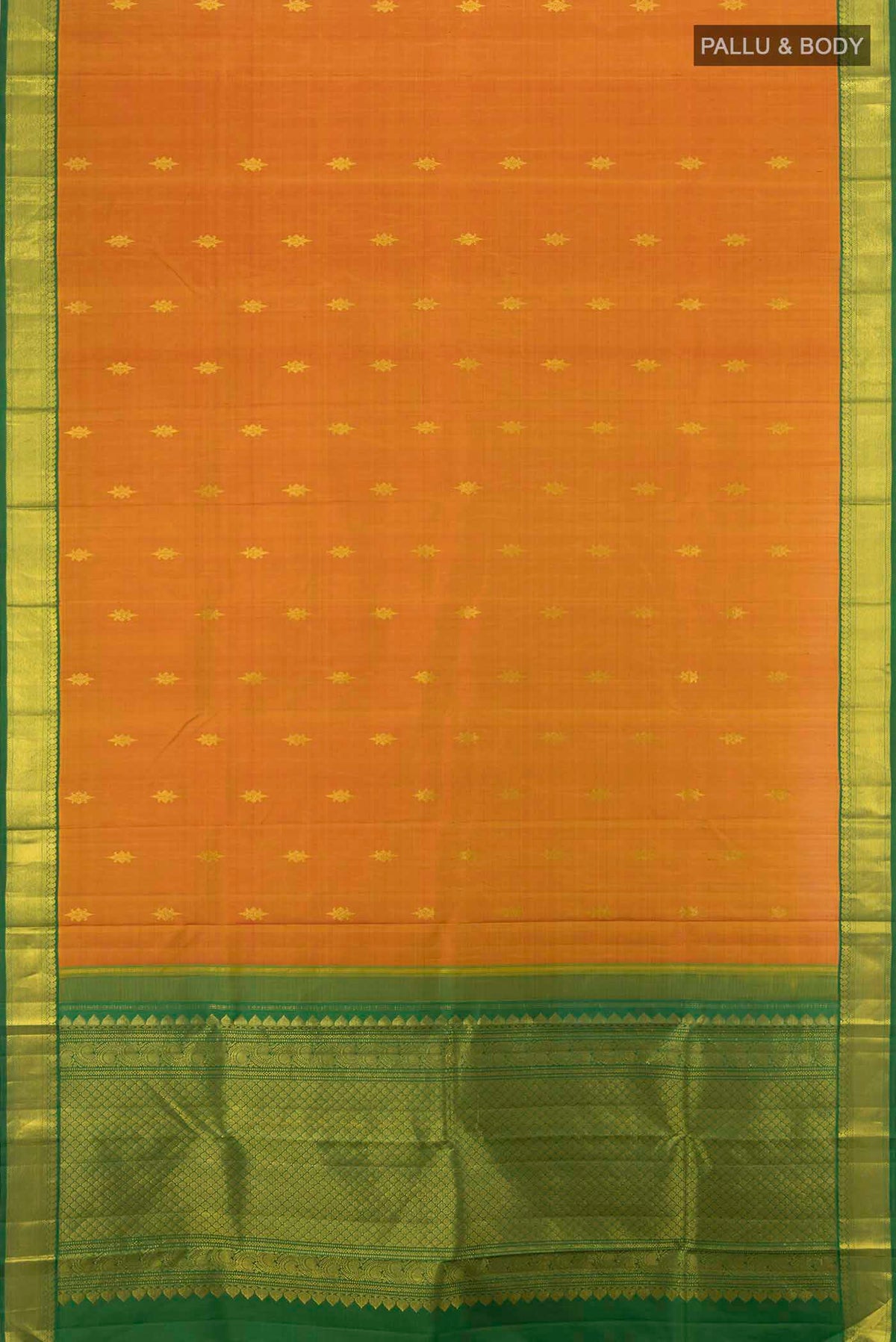 Flat view of Pure Silk Pure Zari Rust Kanjivaram Saree with Zari Butta on the body and Silk Border. 