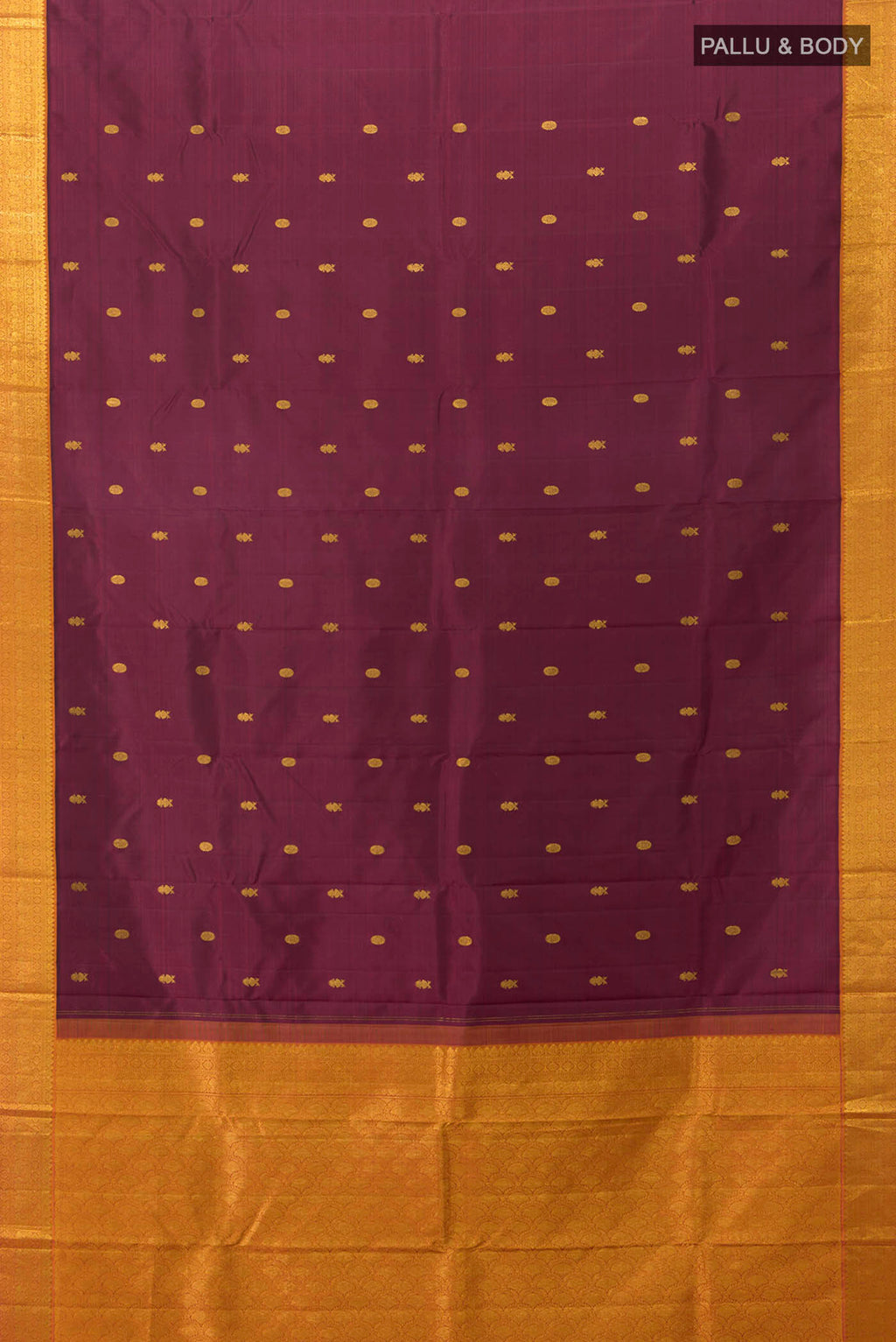 Flat view of Maroon Kanchipuram Silk Saree with Zari Butta on the body and Silk Border