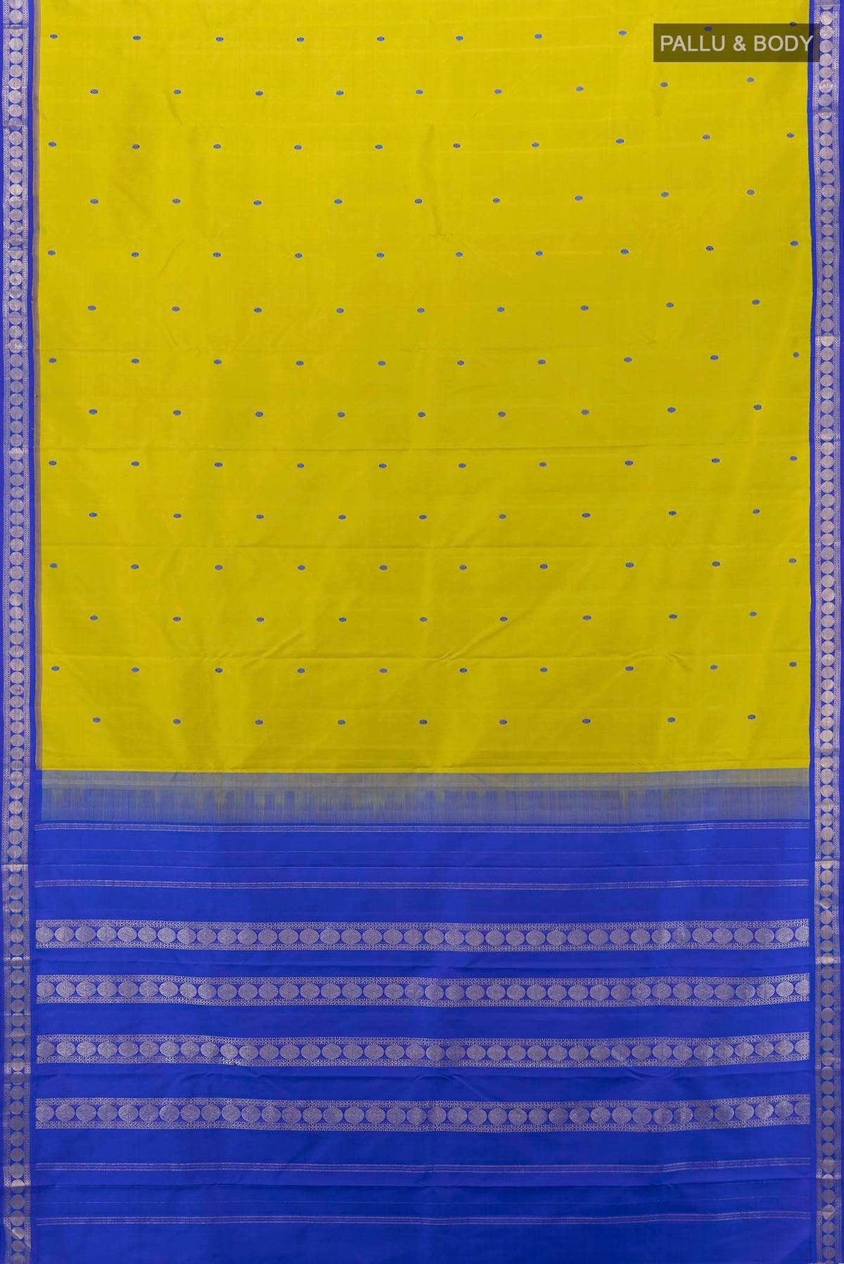 Flat view of Acid Green Kanchipuram Silk Saree with Thread Butta on the body and Zari Border