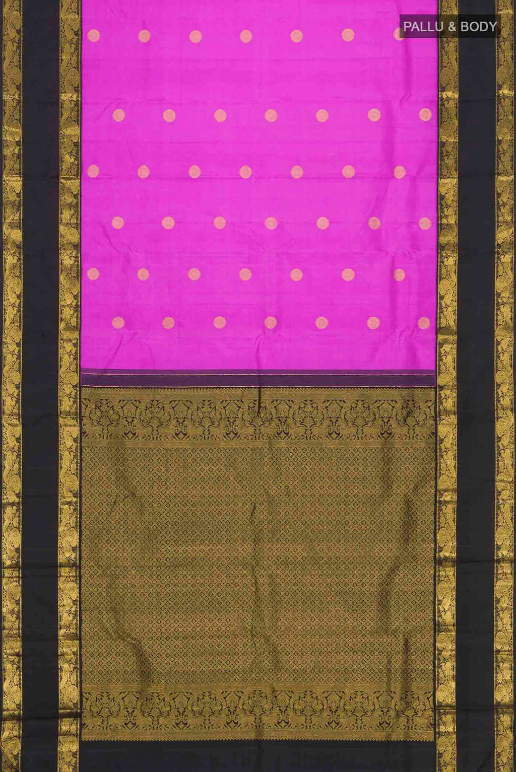 Flat view of Violet Kanchipuram Silk Saree with Zari Butta on the body and Zari Border