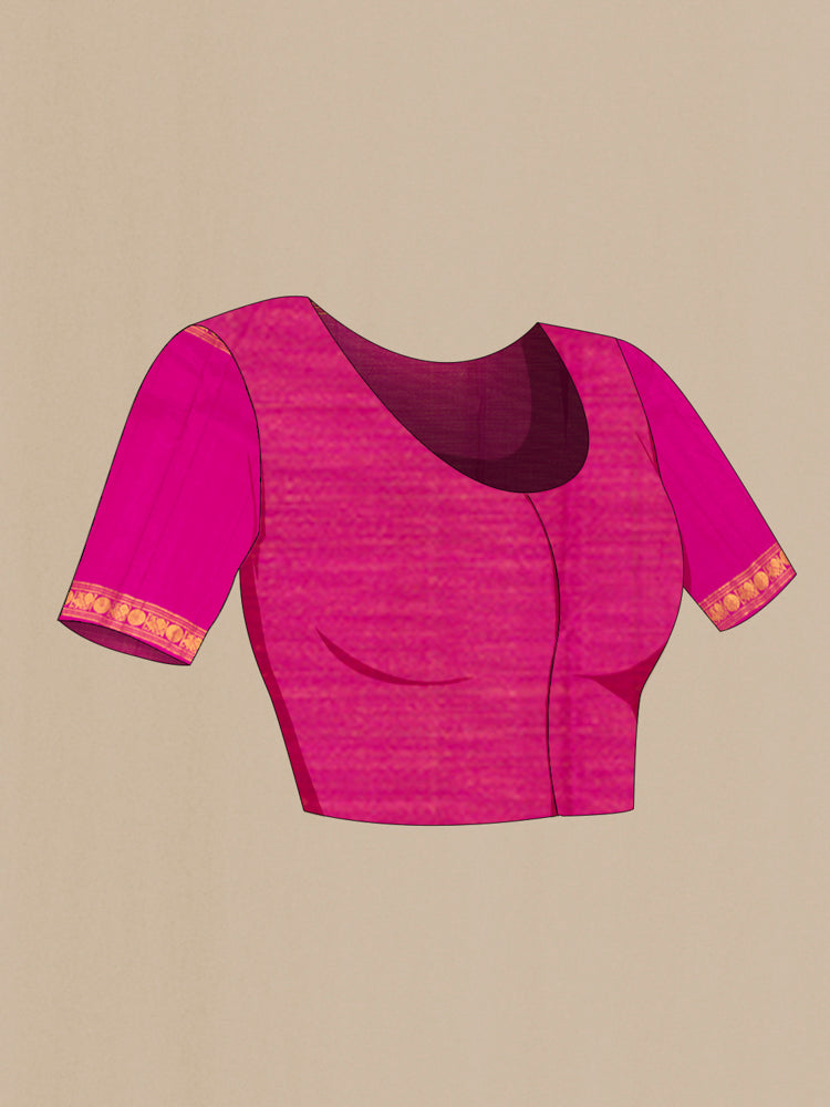 Close up image of the blouse of Golden Kanjivaram Silk Saree with Zari Butta on the body and Silk Border. 