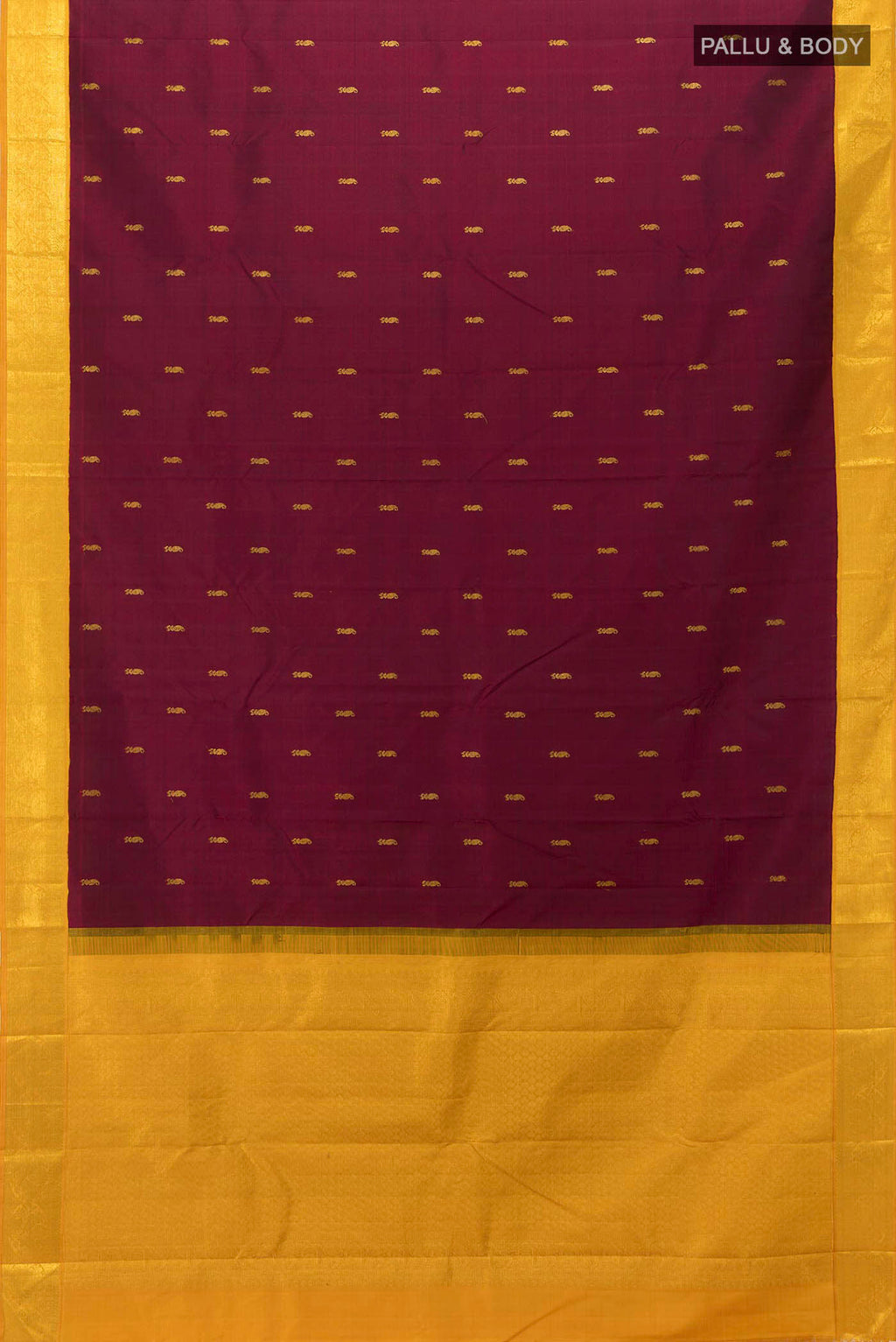 Flat view of Maroon Kanchipuram Silk Saree with Plain Body and Zari Border