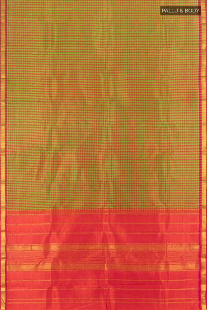 Flat view of Multi Color Kanchipuram Silk Saree with Checked design on the body and Silk Border. 