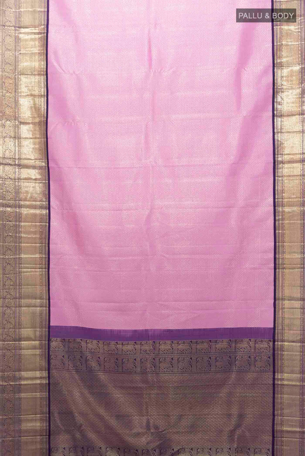 Flat view of Lavender Kanchipuram Silk Saree with Zari Brocade on the body and Zari Border