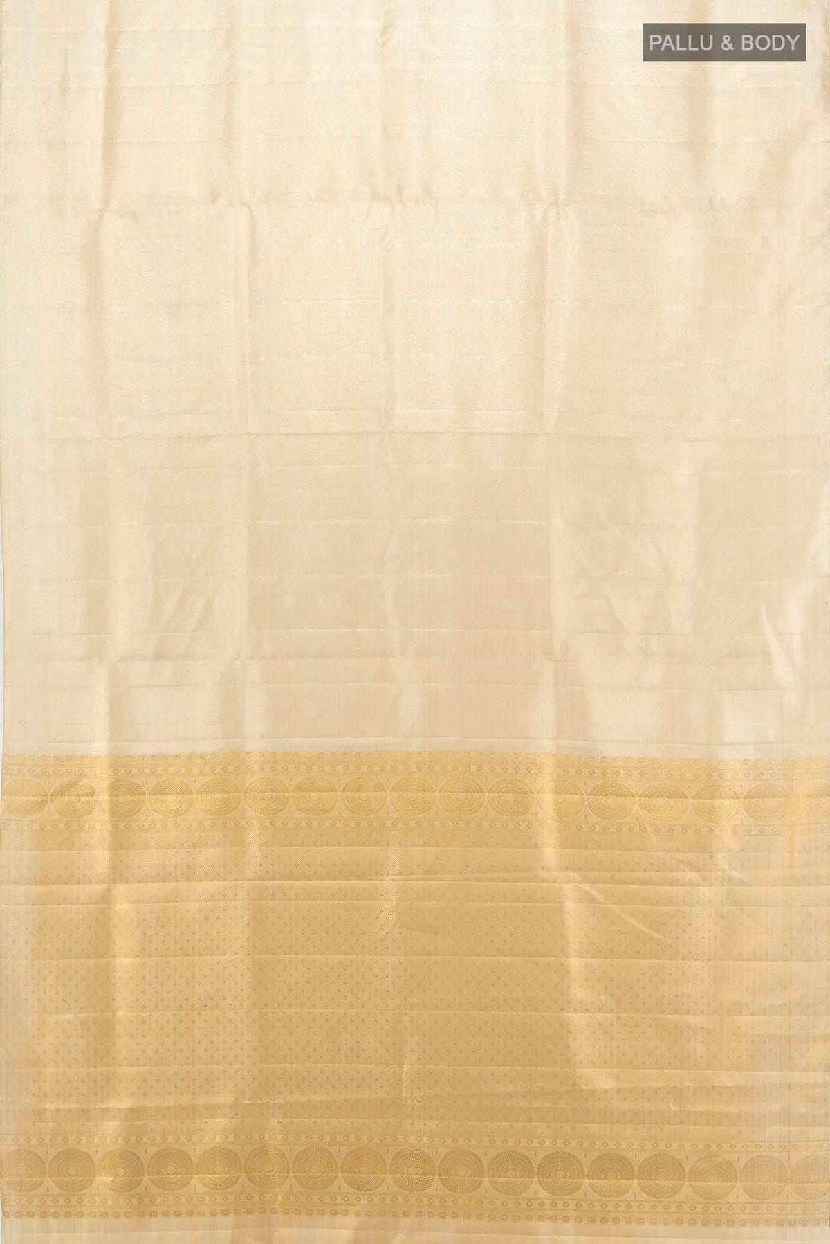 Flat view of Golden Kanchipuram Silk Saree with Zari Butta on the body and Silk Border