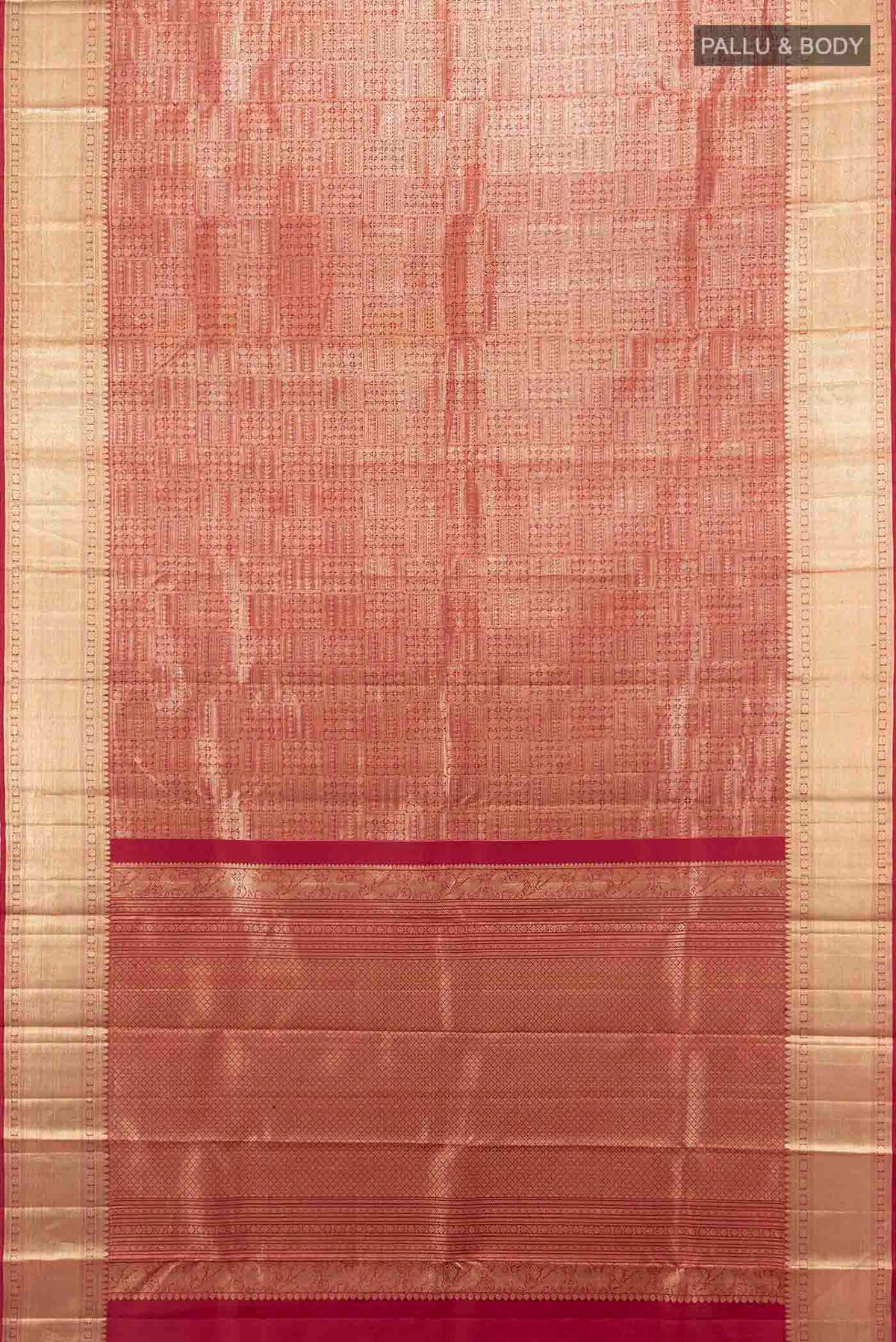 Flat view of Maroon Kanchipuram Silk Saree with Zari Butta on the body and Silk Border. 