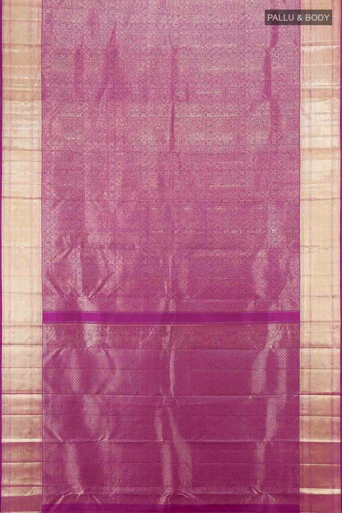 Flat view of Purple Kanchipuram Silk Saree with Zari Butta on the body and Silk Border. 