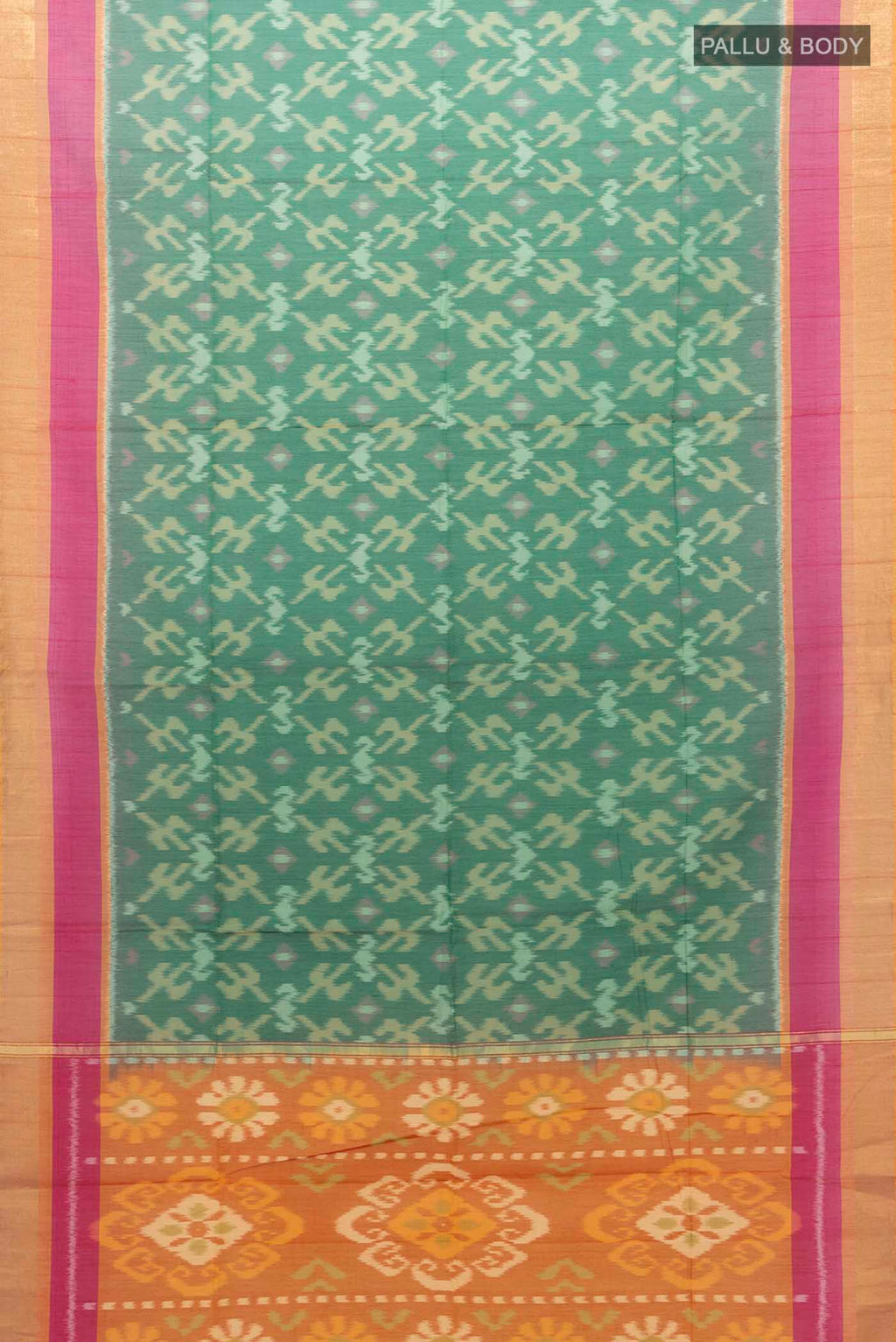 Flat view of Green Silk Cotton Saree with Zari Butta on the body and Silk Border