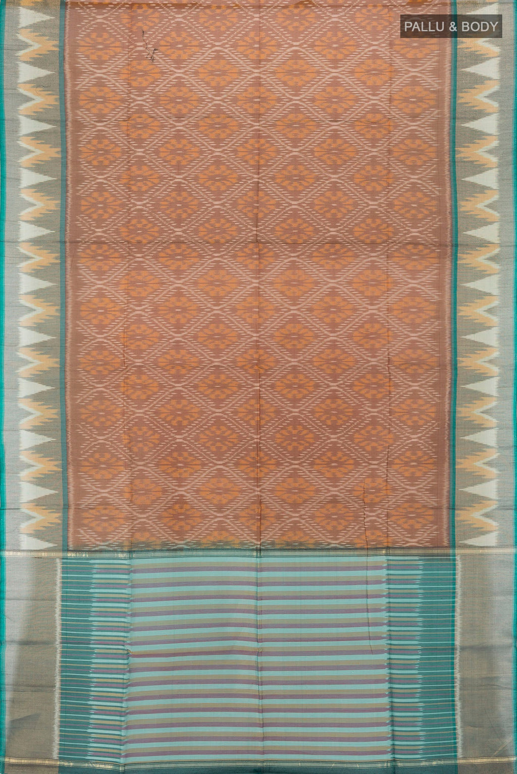 Flat view of Brown Kora Cotton Saree with Ikat Print on the body and Silk Border. 