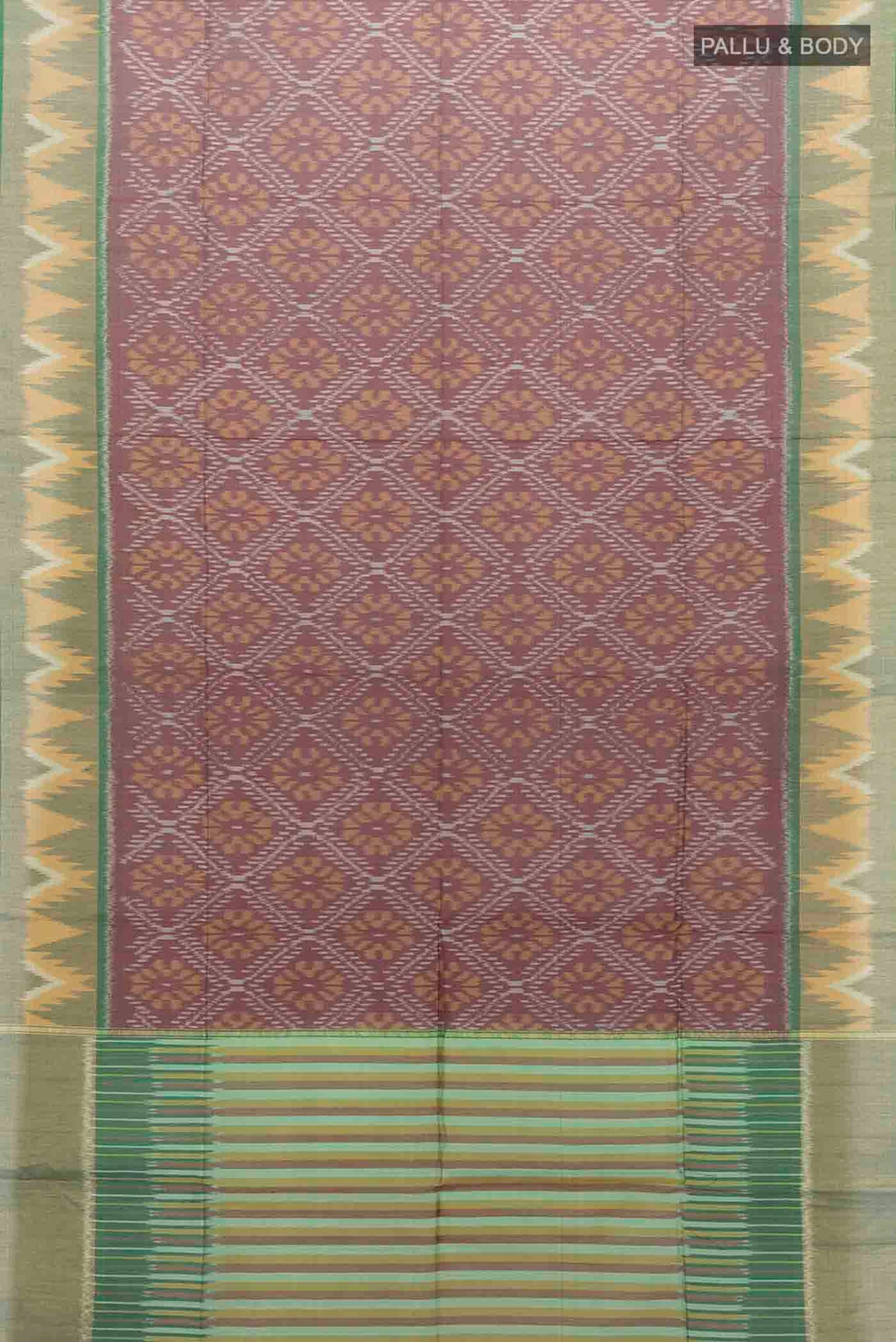 Flat view of Maroon Kora Cotton Saree with Ikat Print on the body and Silk Border