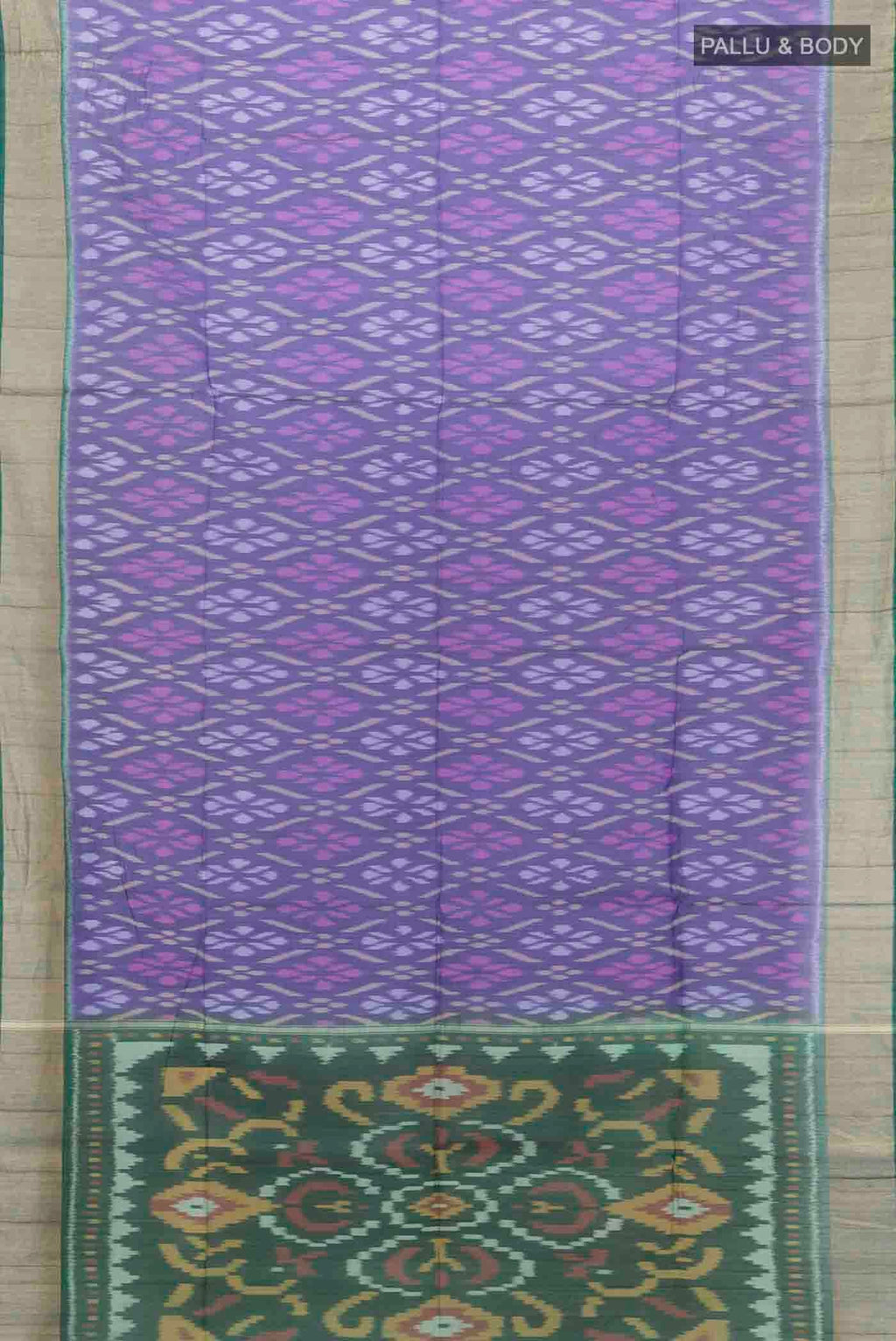 Flat view of Blue Kora Cotton Saree with Ikat Print on the body and Fancy Border
