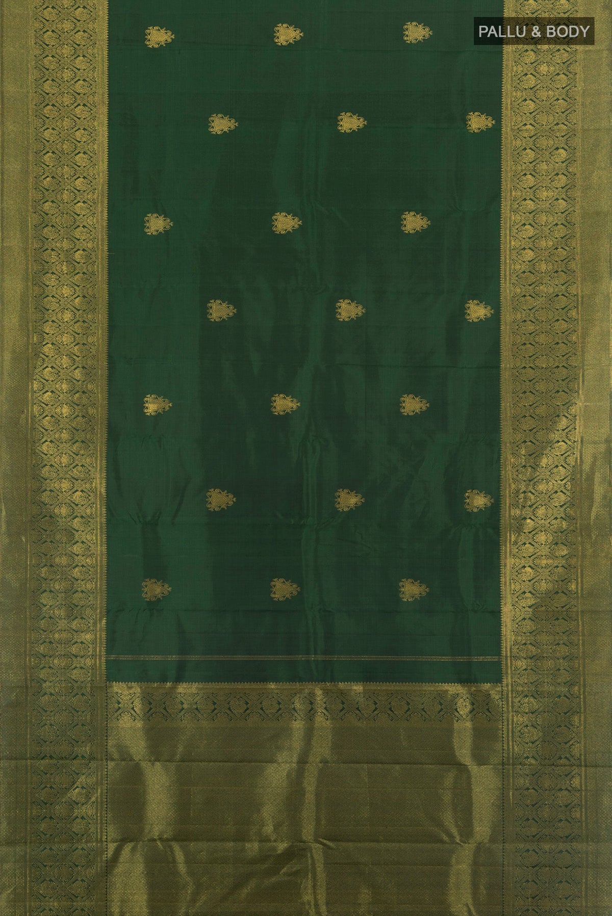 Flat view of Pure Silk Pure Zari Bottle Green Kanjivaram Saree with Zari Butta on the body and Silk Border. 