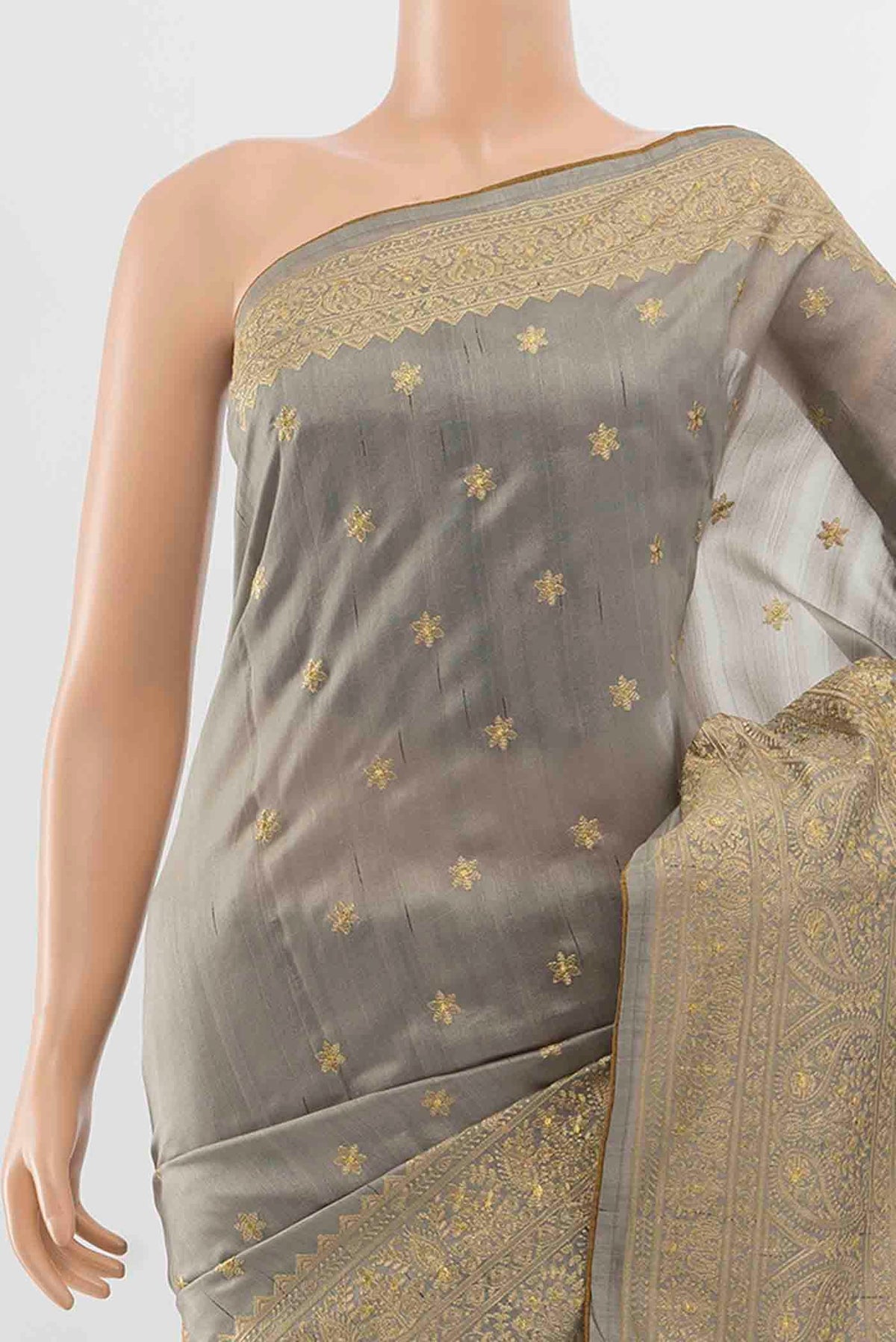 Border image of Grey Art Silk Saree with Thread Butta on the body and Silk Border