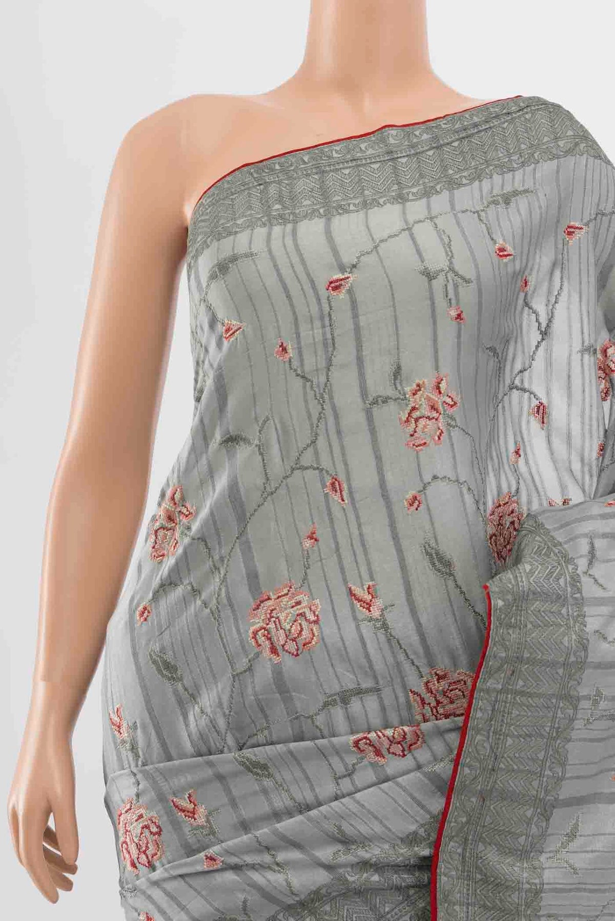 Border image of Grey Art Silk Saree with Embroidery on the body and Silk Border