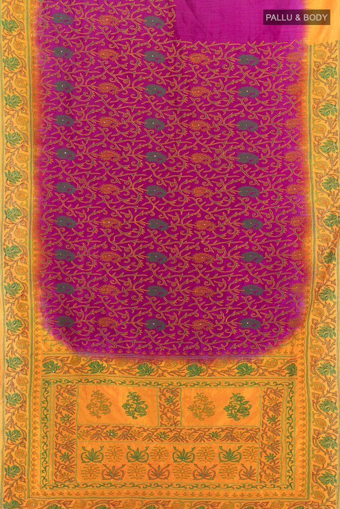 Flat view of Purple Art Silk Saree with Embroidery on the body and Silk Border. 