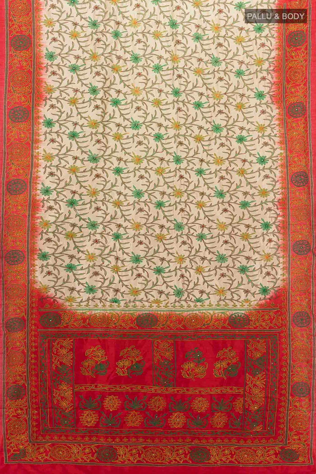 Flat view of Beige Blended Raw Silk Saree with Embroidery on the body and Embroidery Border