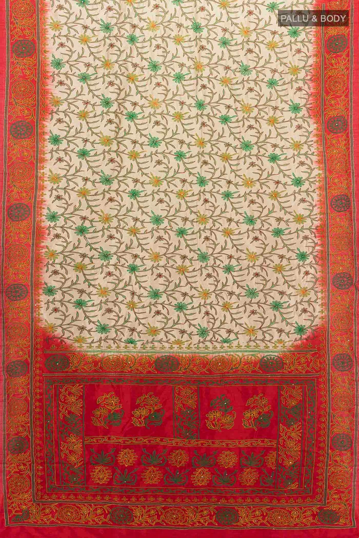 Flat view of Beige Blended Raw Silk Saree with Embroidery on the body and Embroidery Border