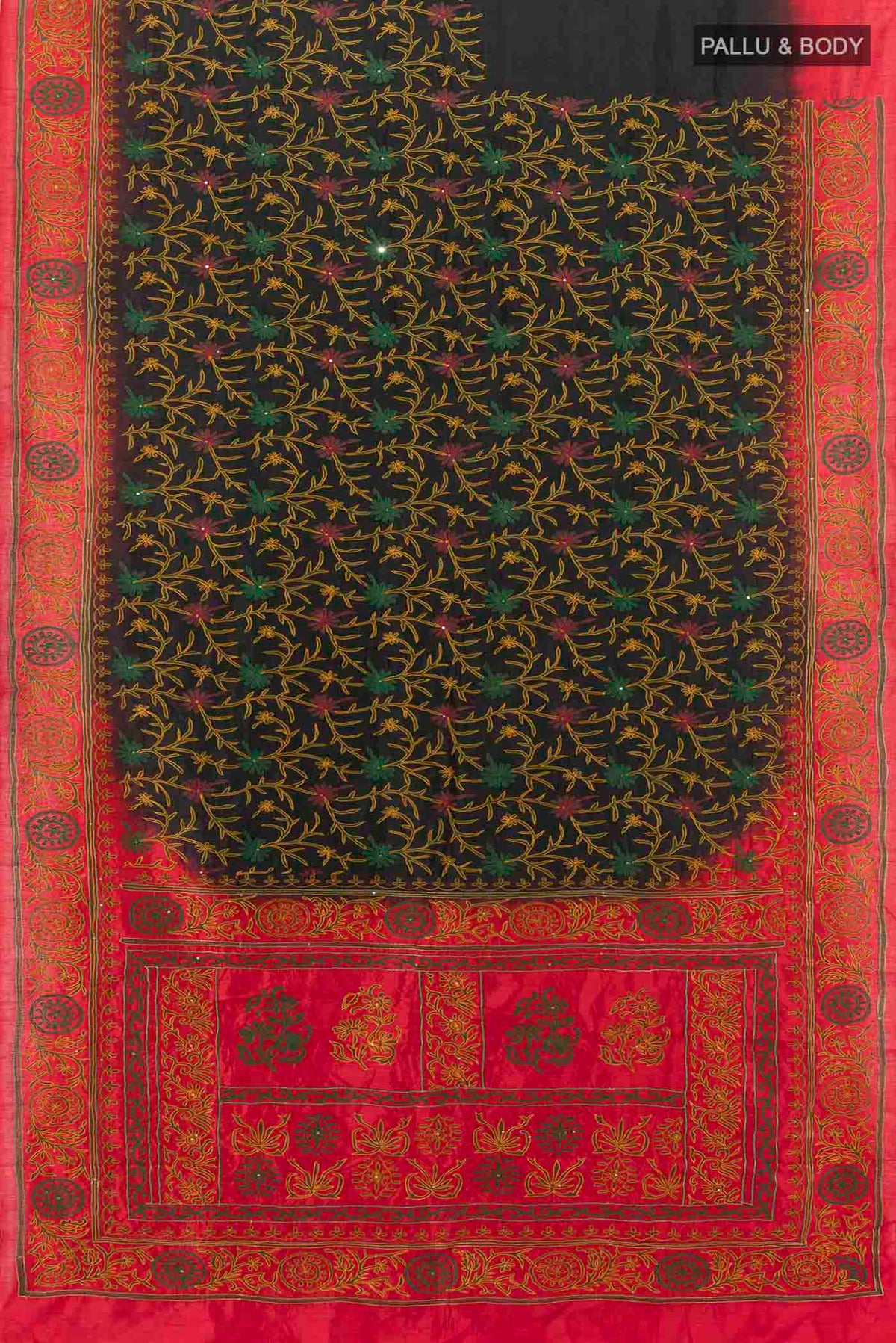 Flat view of Black Art Silk Saree with Embroidery on the body and Silk Border. 