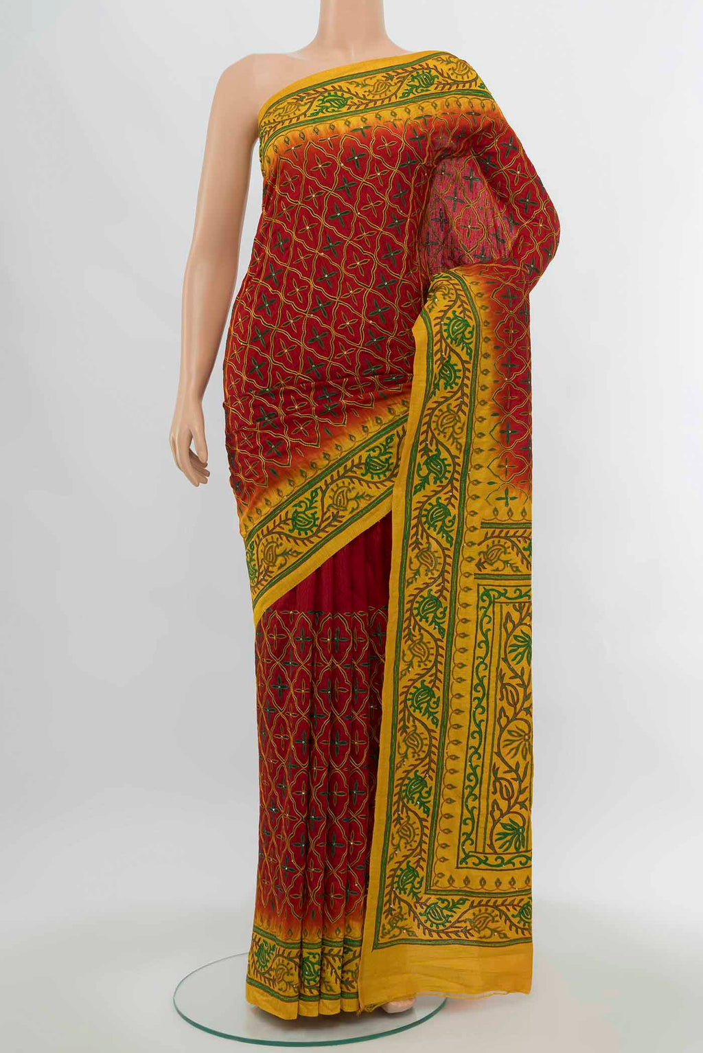 Maroon Art Silk Saree with Embroidery on the body and Silk Border.  displayed on a mannequin