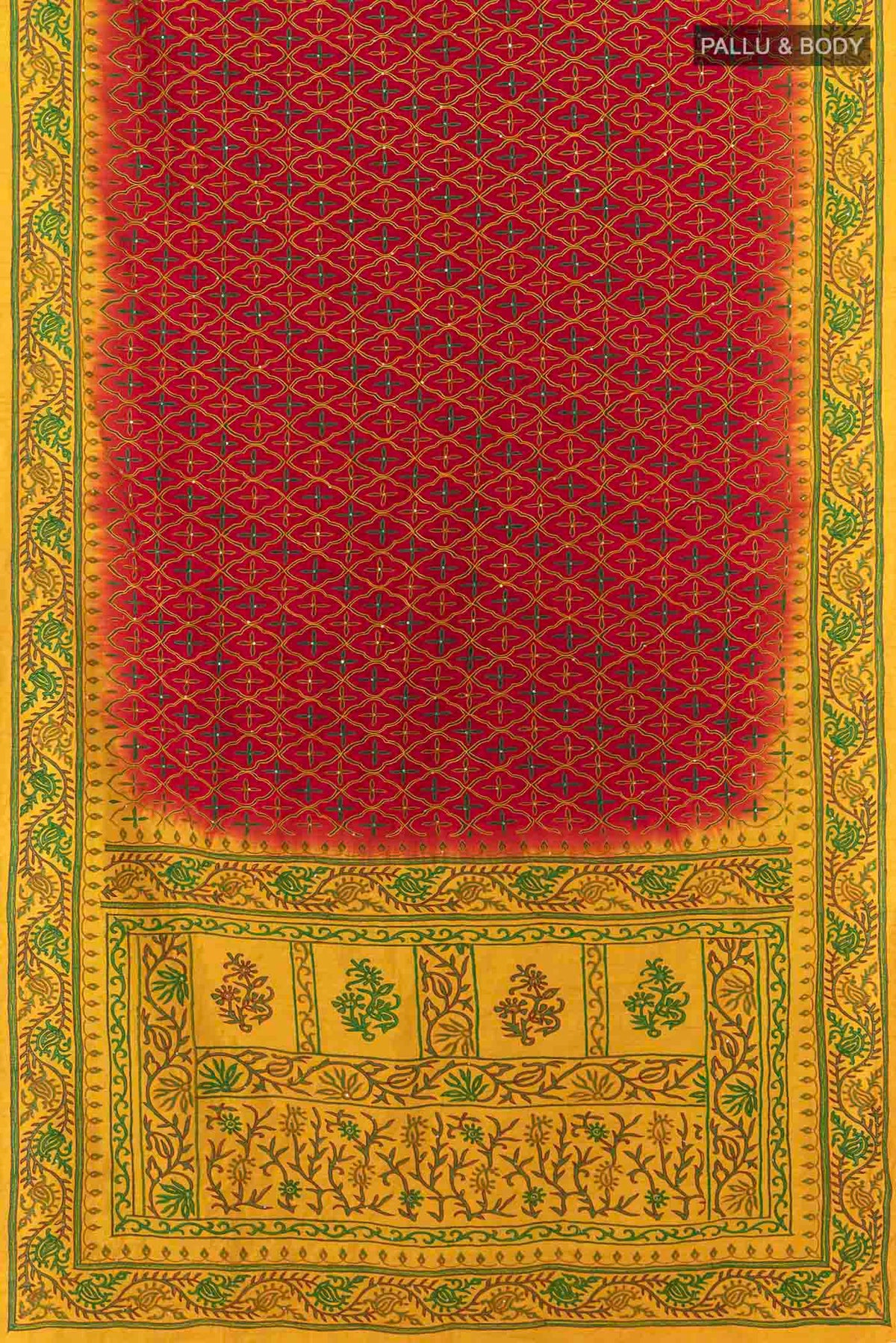 Flat view of Maroon Art Silk Saree with Embroidery on the body and Silk Border. 