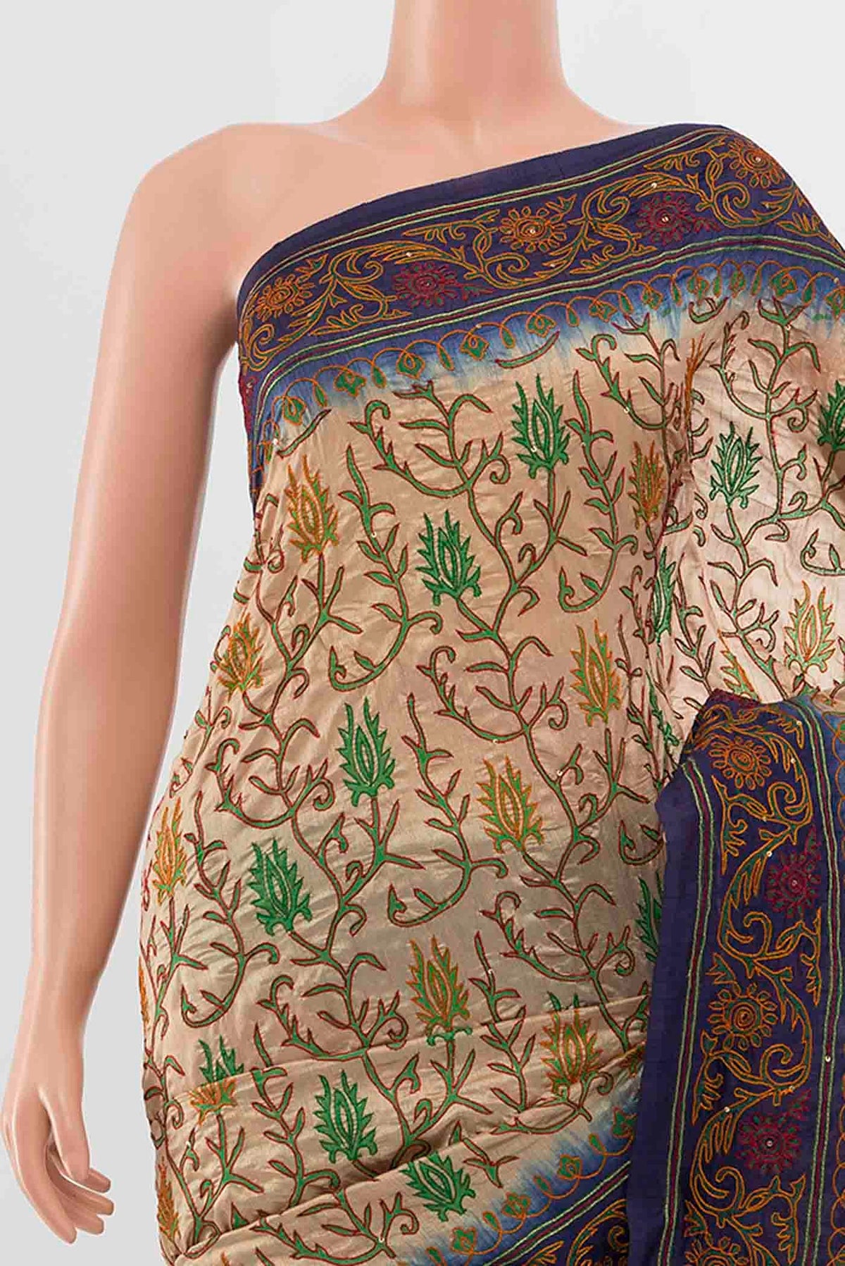 Border image of Cream Blended Raw Silk Saree with Embroidery on the body and Embroidery Border