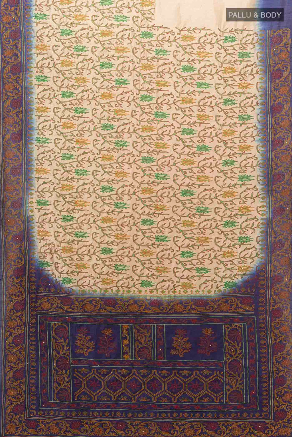 Flat view of Cream Blended Raw Silk Saree with Embroidery on the body and Embroidery Border