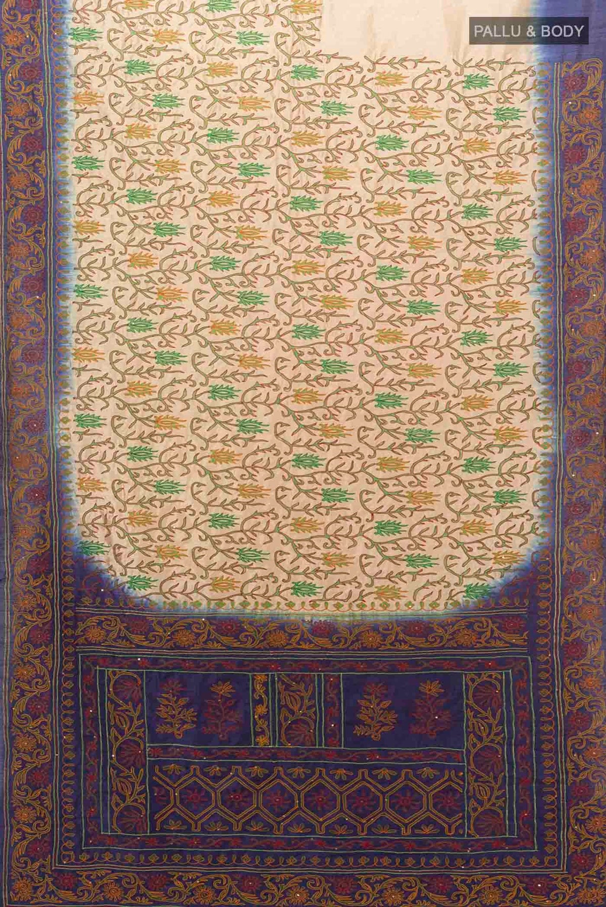 Flat view of Cream Blended Raw Silk Saree with Embroidery on the body and Embroidery Border