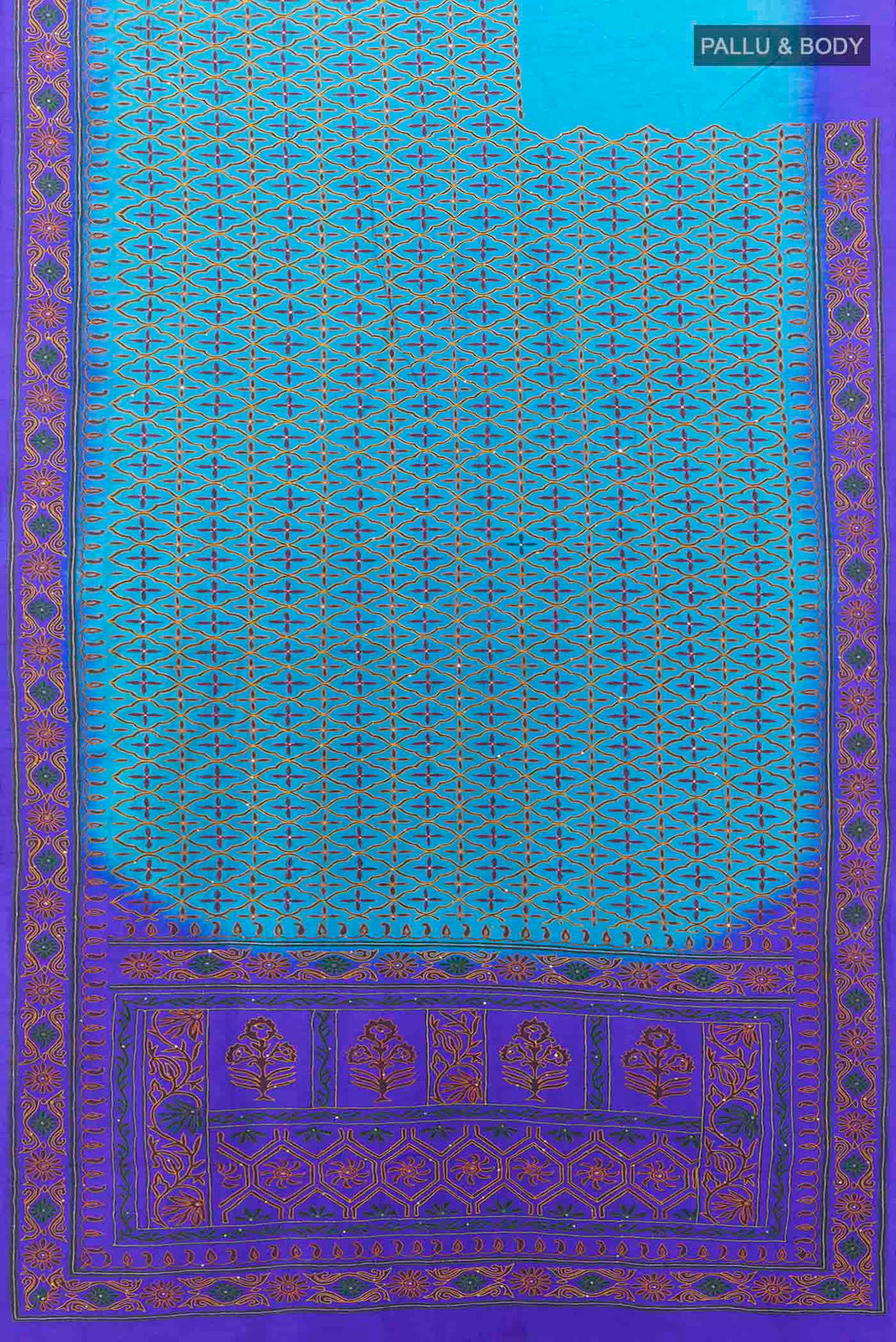 Flat view of Light Blue Art Silk Saree with Embroidery on the body and Embroidery Border. 