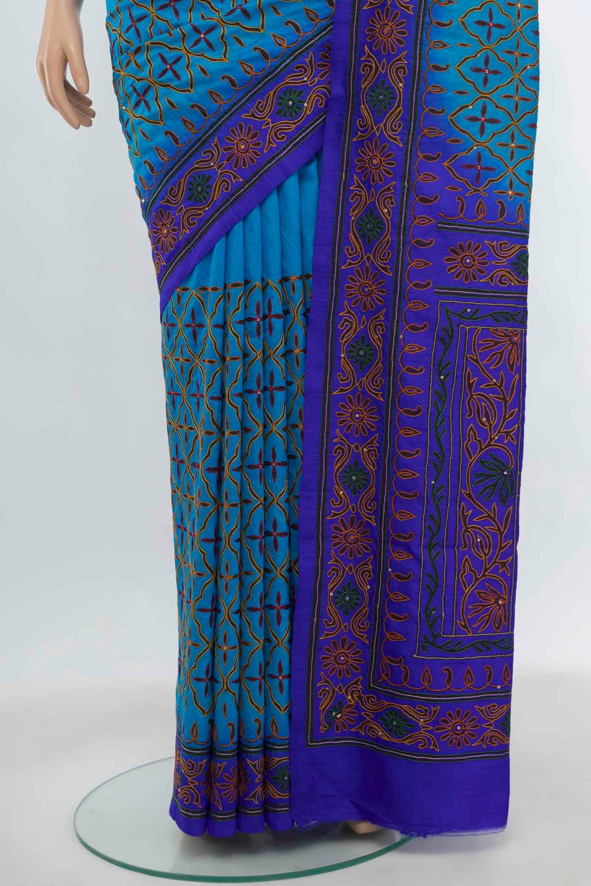 Pleats and pallu of Light Blue Art Silk Saree with Embroidery on the body and Embroidery Border. 