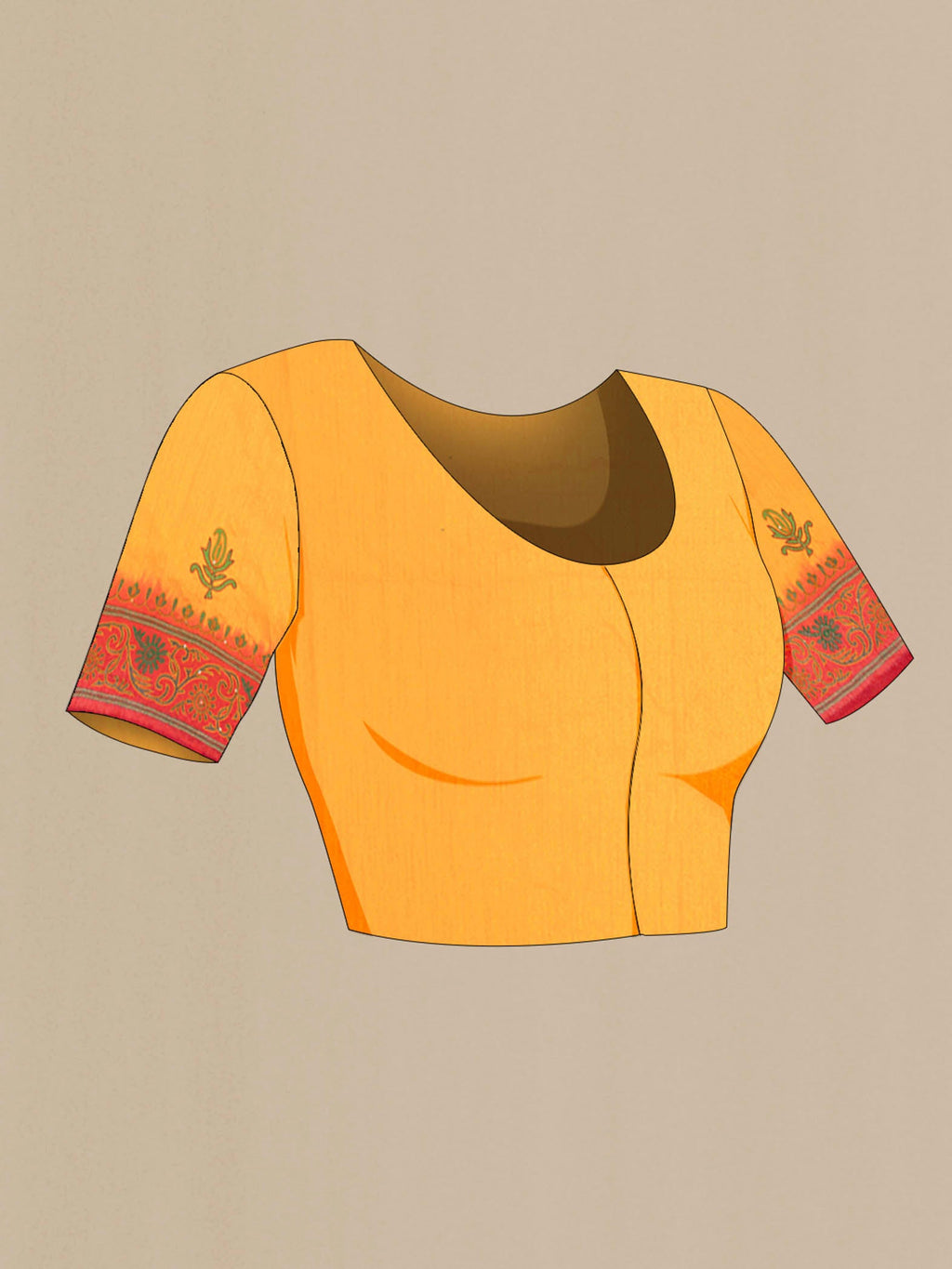 Close up image of the blouse of Yellow Blended Raw Silk Saree with Embroidery on the body and Embroidery Border