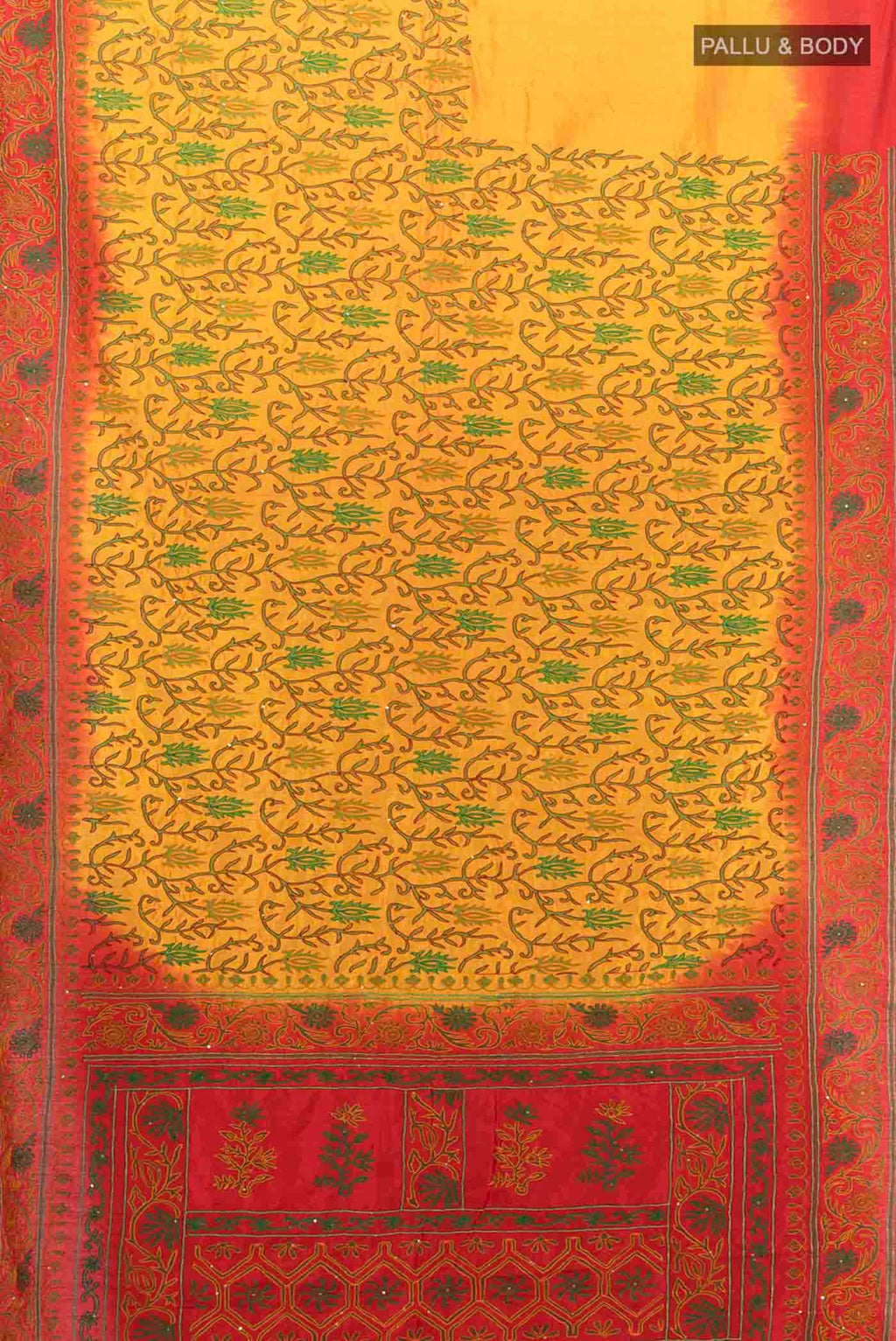 Flat view of Yellow Blended Raw Silk Saree with Embroidery on the body and Embroidery Border